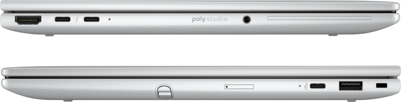 Silbernes Poly Studio Laptop mit Anschlüssen: HDMI, Thunderbolt, USB-C, USB-A.