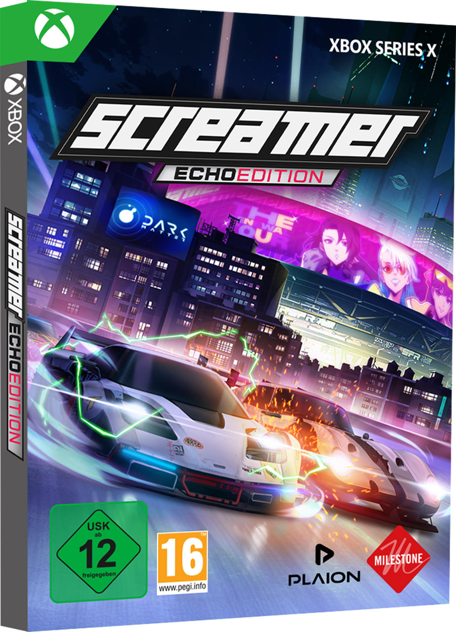 Rennspiel-Cover: Zwei futuristische Autos rasen bei Nacht durch eine neonbeleuchtete Stadt.