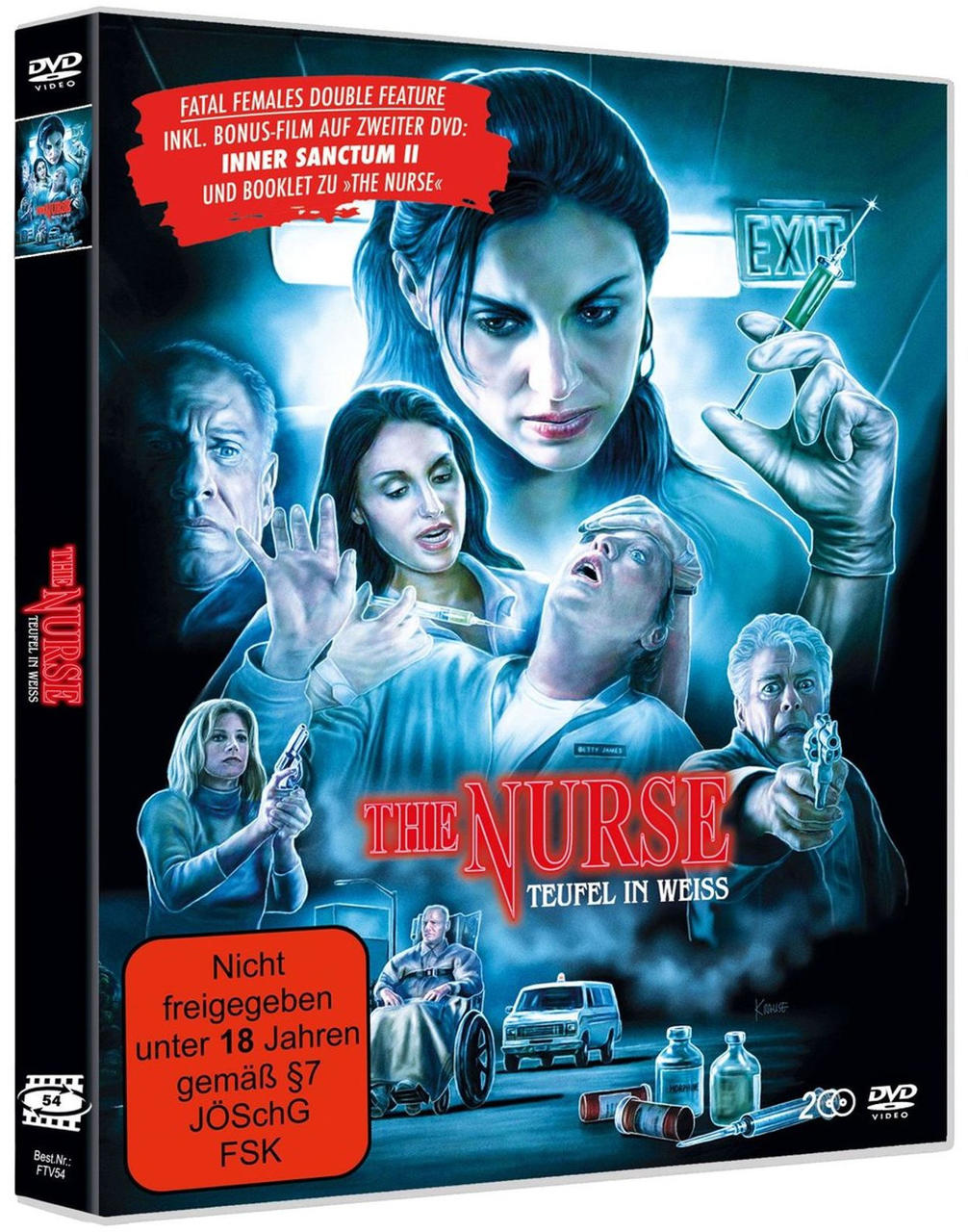 DVD-Hülle: Krankenschwester mit Spritze, bedrohte Personen, Pistolen. Mit Text.