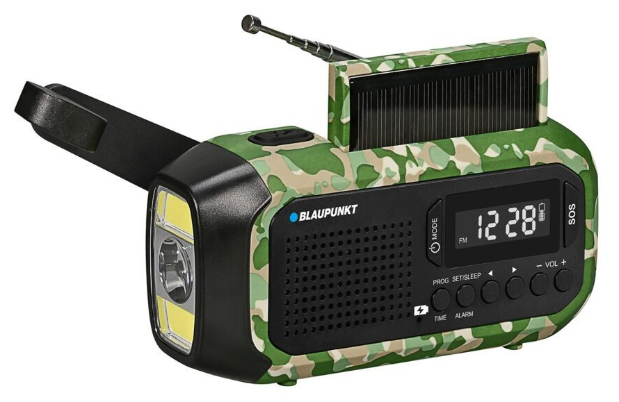 Radio w kamuflażu z korbą, panelem słonecznym, latarką i wyświetlaczem cyfrowym.