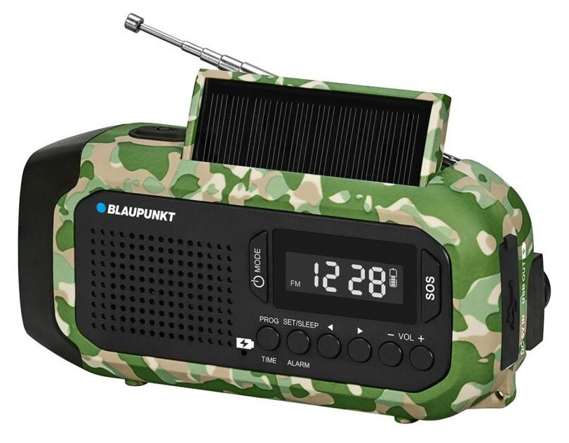 Kamuflażowe radio awaryjne Blaupunkt z panelem słonecznym, FM i cyfrowym wyświetlaczem.