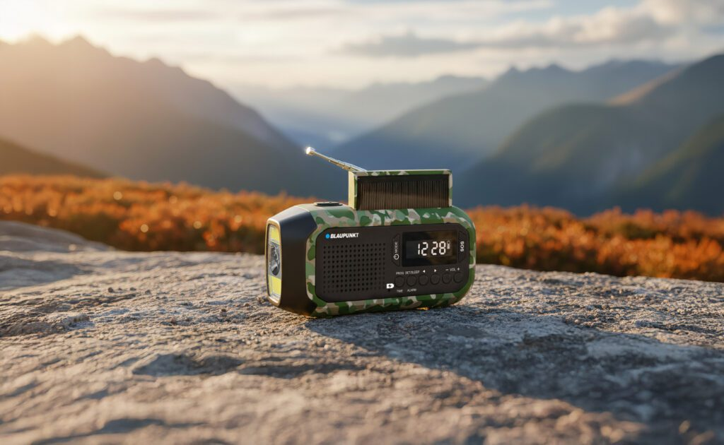 Radio w kamuflażu z panelem słonecznym i latarką na skale.