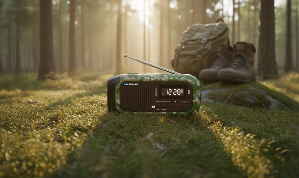 Radio w kamuflażu, plecak i buty trekkingowe w lesie.