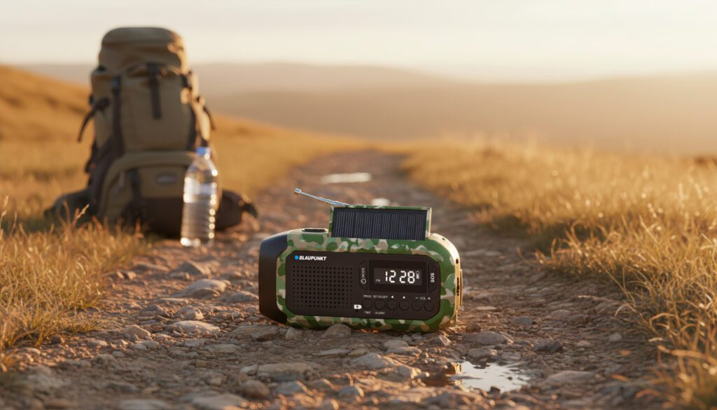 Radio w kamuflażu z panelem słonecznym i anteną na kamienistej ścieżce.