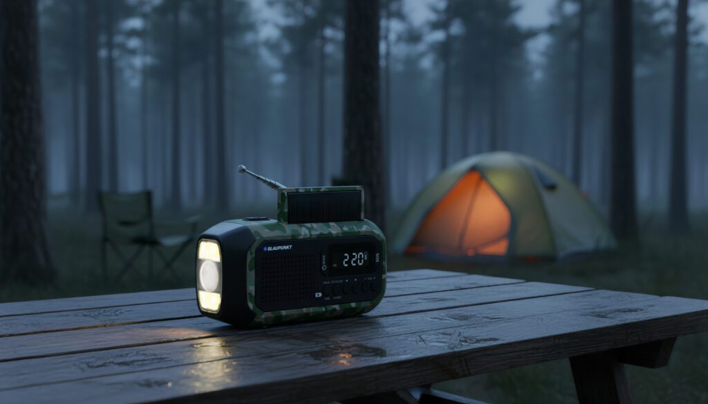 Radio w kamuflażu z lampą i anteną stoi na drewnianym stole w lesie.