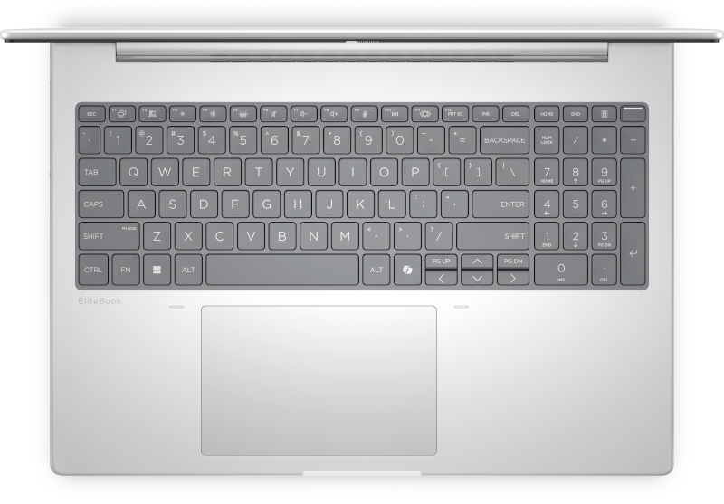 Ein silberner Laptop, Ansicht von oben, mit beleuchteter Tastatur und Touchpad.