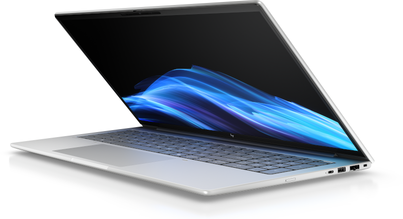 Ein silberner Laptop mit geöffnetem Bildschirm, der ein blaues Wellenmuster zeigt.