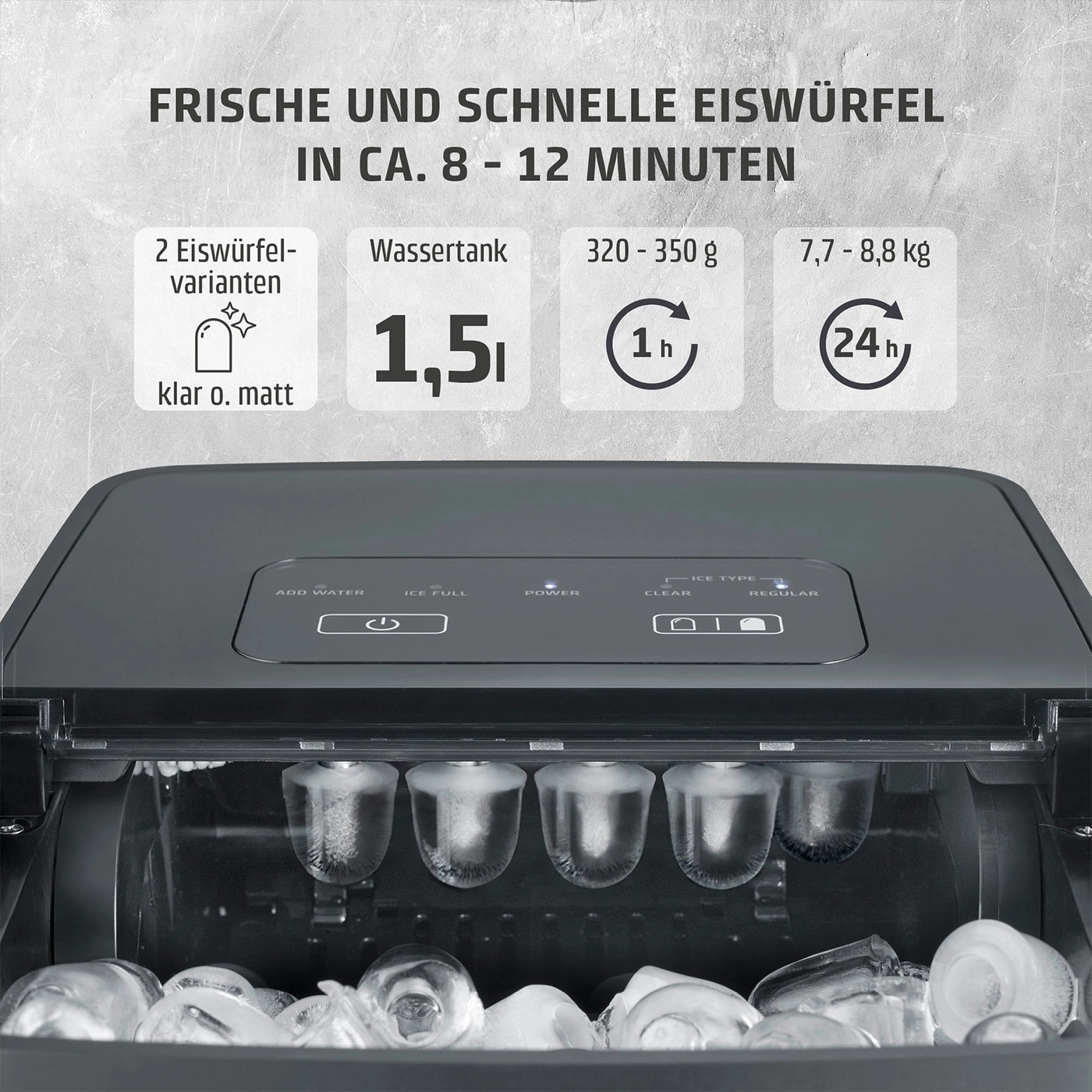 Eismaschine mit klaren Eiswürfeln. Technische Daten und Bedientasten sind sichtbar.