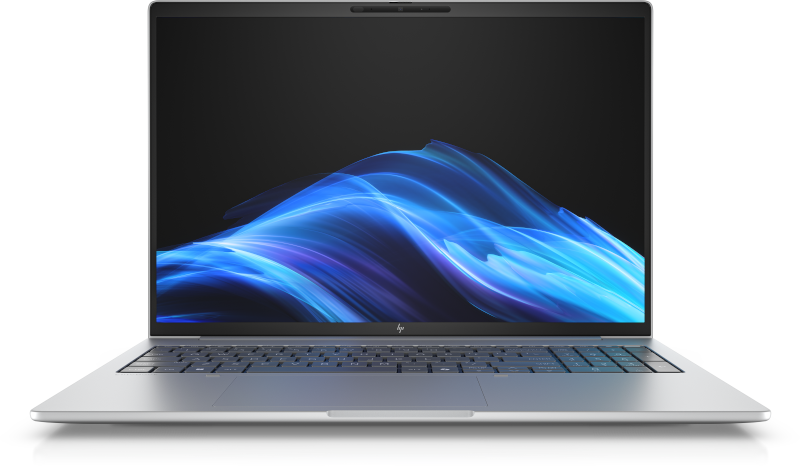 Ein silberner Laptop mit einem blauen, wellenförmigen Hintergrundbild auf dem Bildschirm.