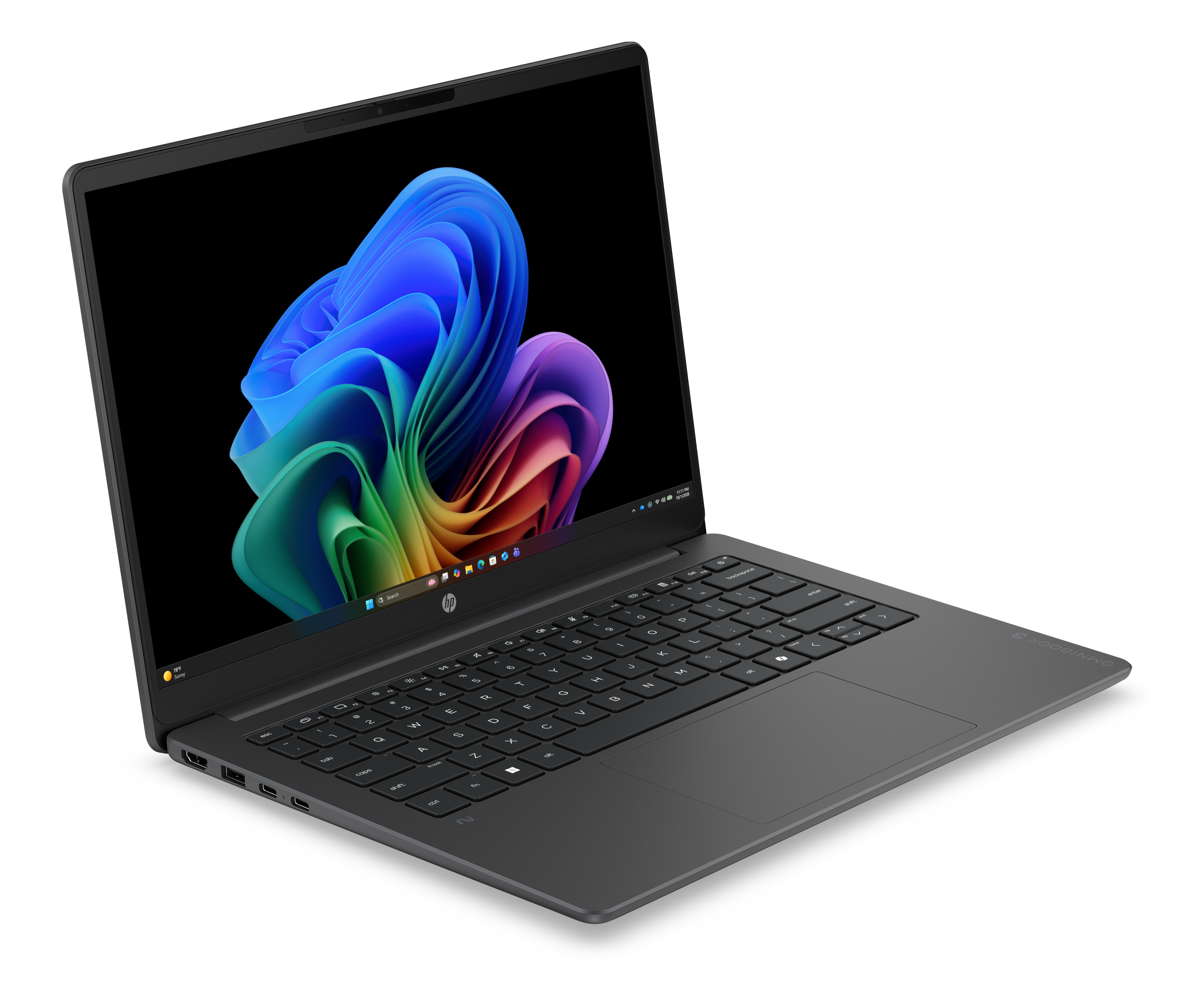 Ein geöffneter Laptop in Dunkelgrau mit einem bunten Hintergrundbild.