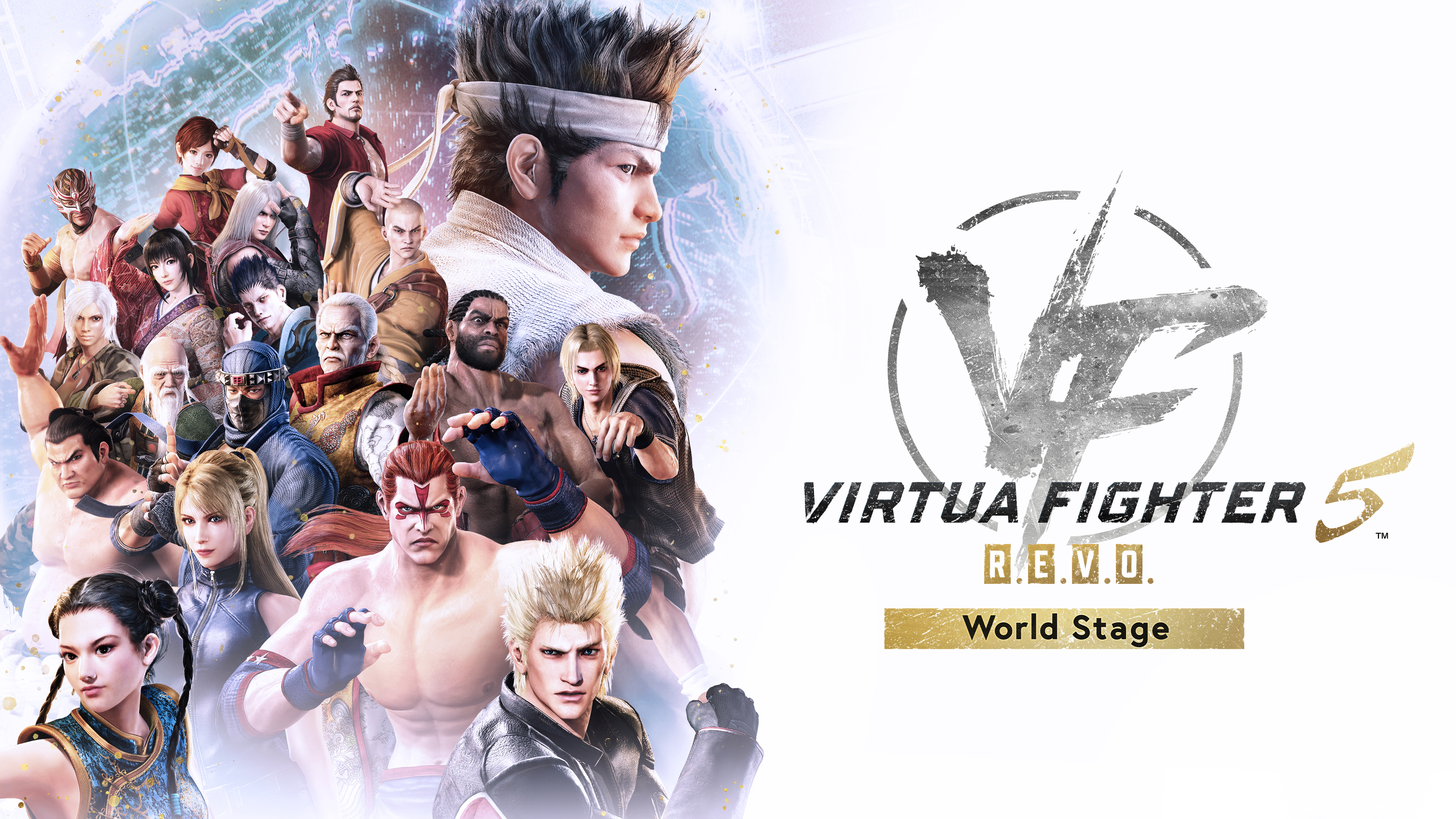 Eine Gruppe von Kämpfern, die Virtua Fighter 5 R.E.V.O. World Stage.