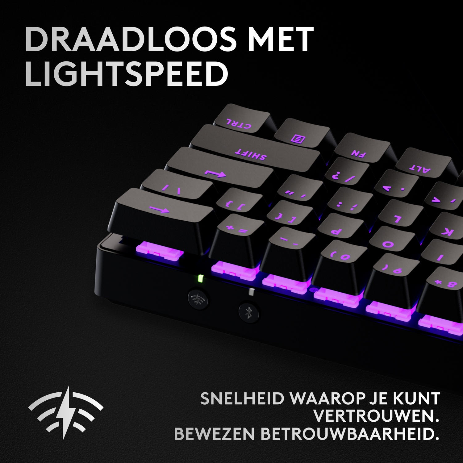 Black keyboard with purple backlighting and text 'Wireless with Lightspeed'.
