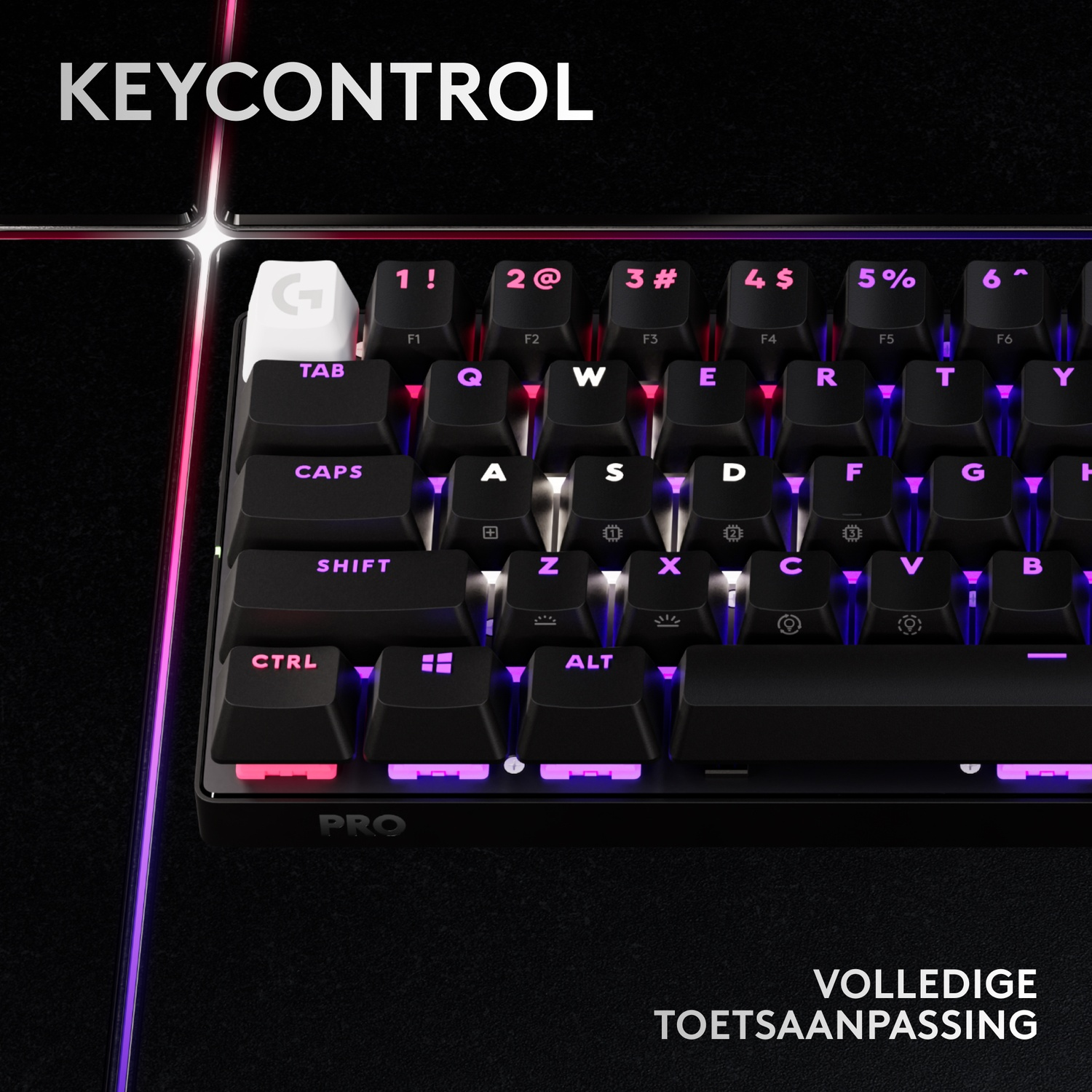 A black keyboard with RGB lighting, displaying KEYCONTROL.