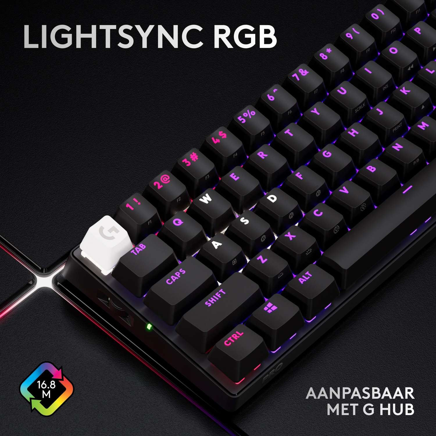 A black RGB gaming keyboard with illuminated keys and Logitech logo.