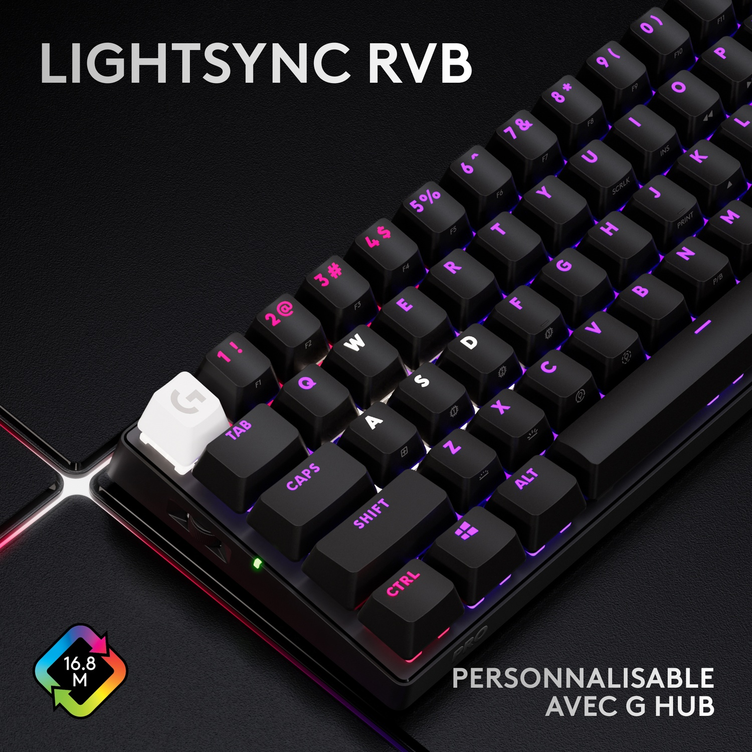 Clavier mécanique noir avec éclairage RVB et logo Logitech.