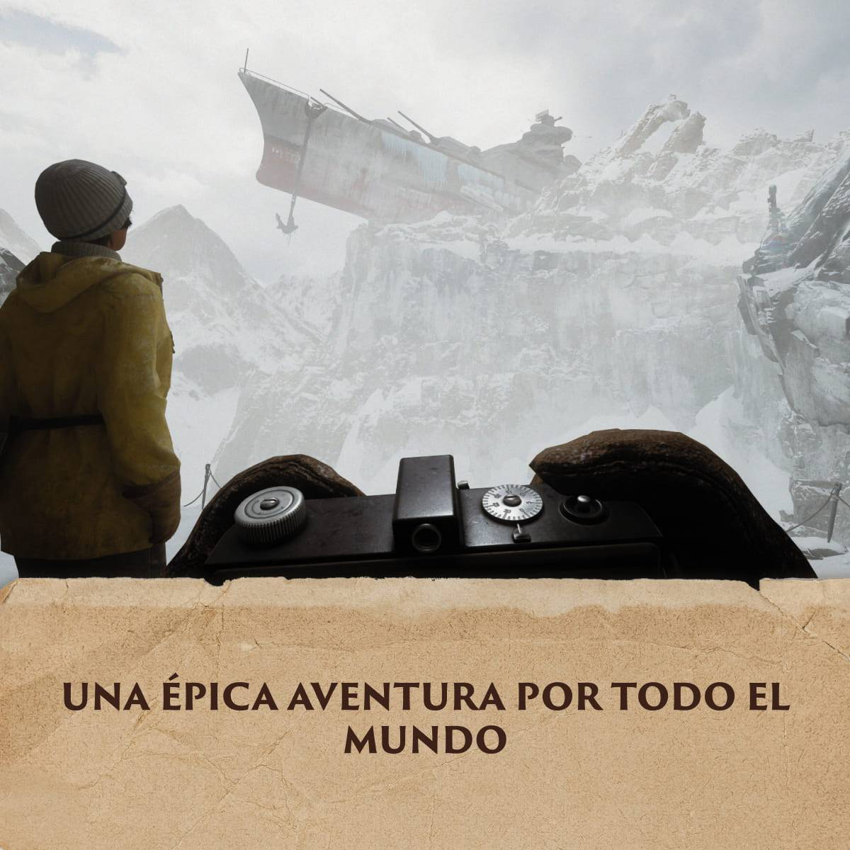 Una persona mira un barco estrellado en montañas nevadas.