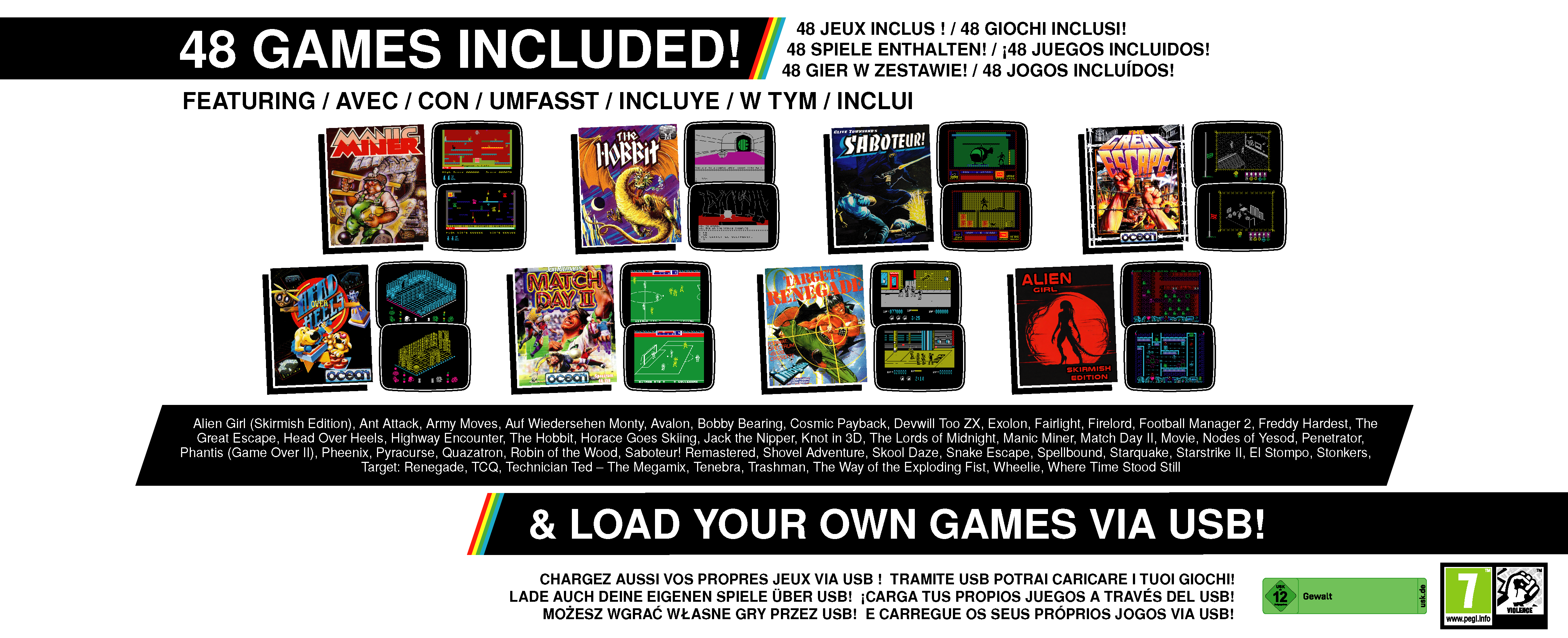 Cover und Screenshots von 48 enthaltenen Spielen, mit Titeln wie Manic Miner und The Hobbit.