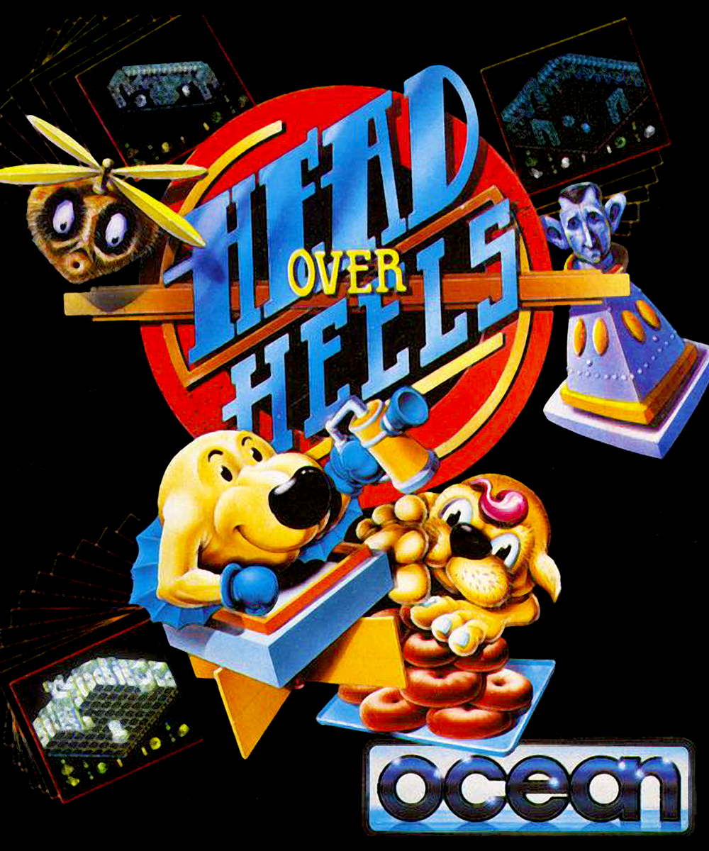 Die "Head Over Heels"-Spielgrafik zeigt Hunde, Donuts, einen Falter und das Ocean-Logo.