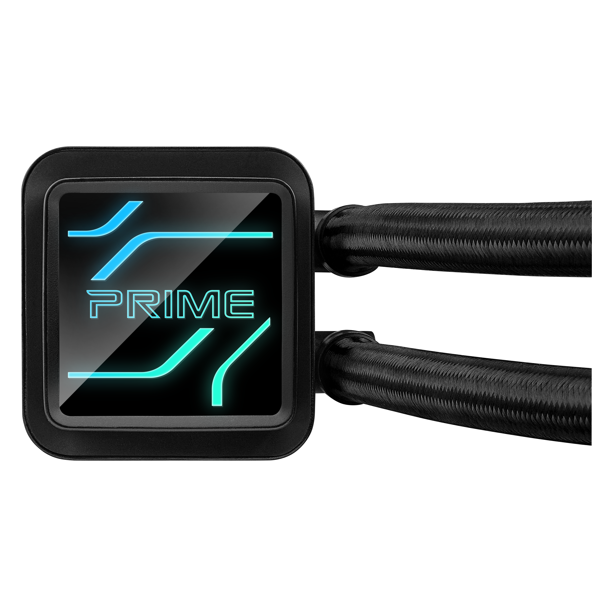 Ein schwarzer CPU-Kühler mit blau beleuchtetem "PRIME"-Logo und zwei Schläuchen.