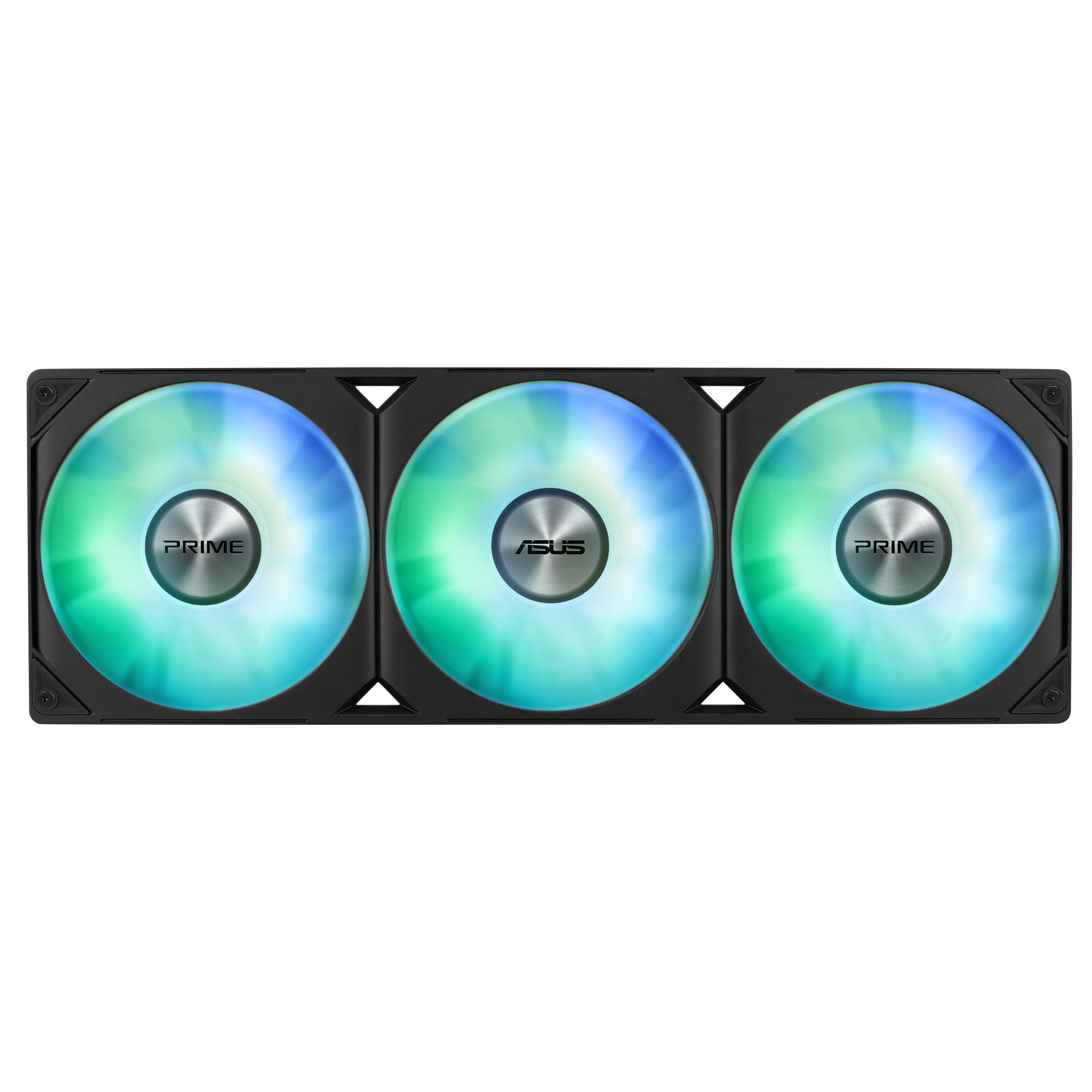 Drei schwarze Lüfter mit RGB-Beleuchtung in Blau und Grün auf schwarzem Hintergrund.
