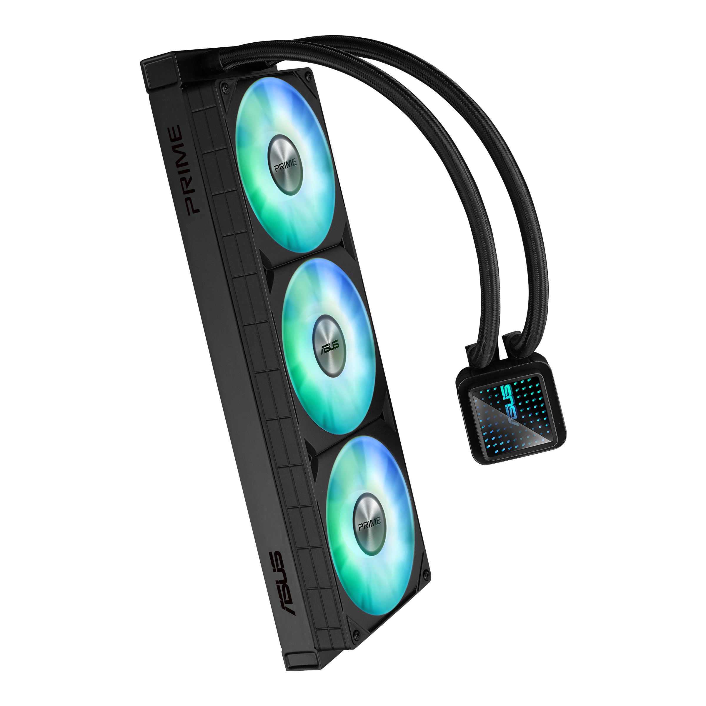 Ein PC-Wasserkühler mit drei RGB-Lüftern und einem quadratischen Display.