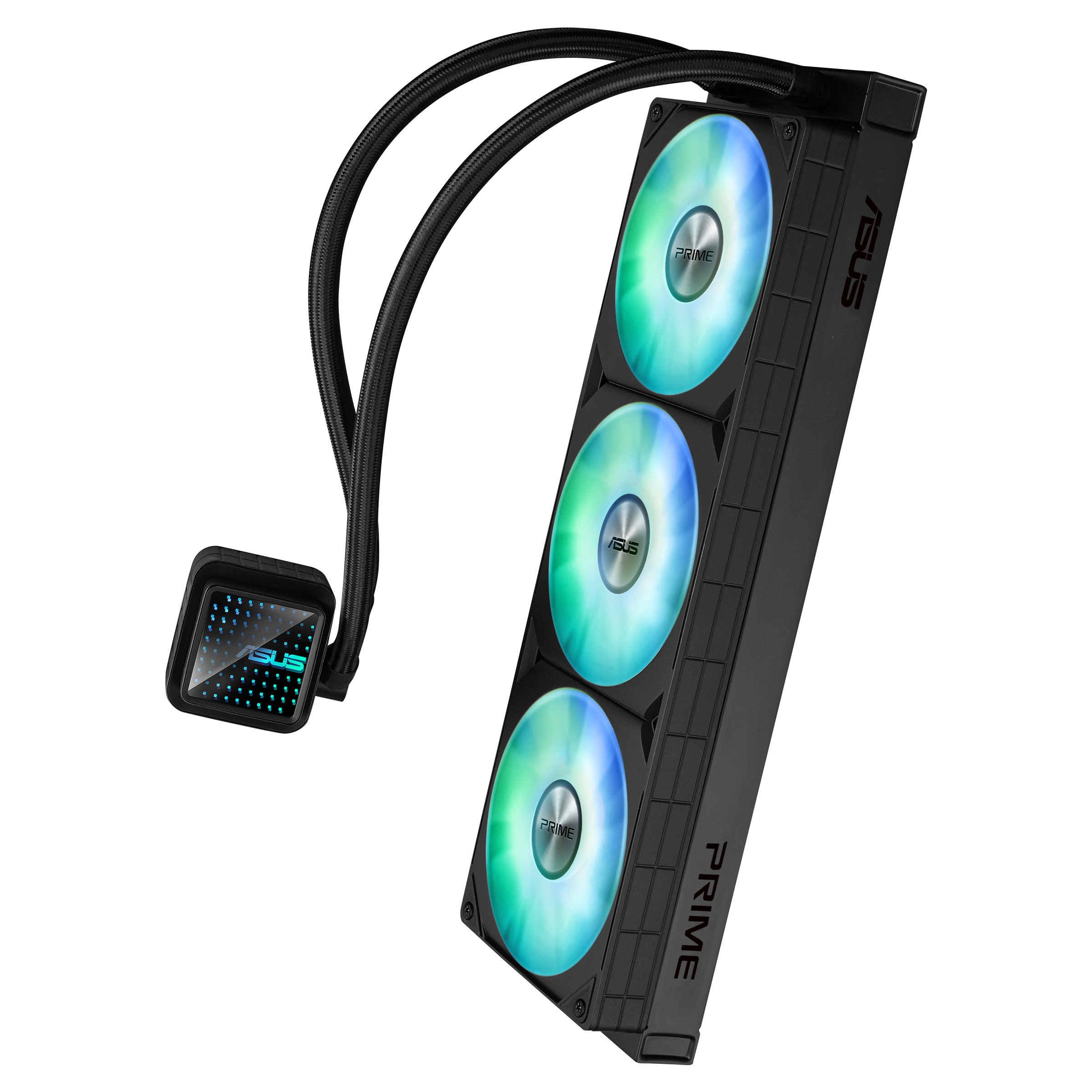 Ein schwarzer Computer-Wasserkühler mit drei RGB-Lüftern und einem quadratischen Pumpenkopf.