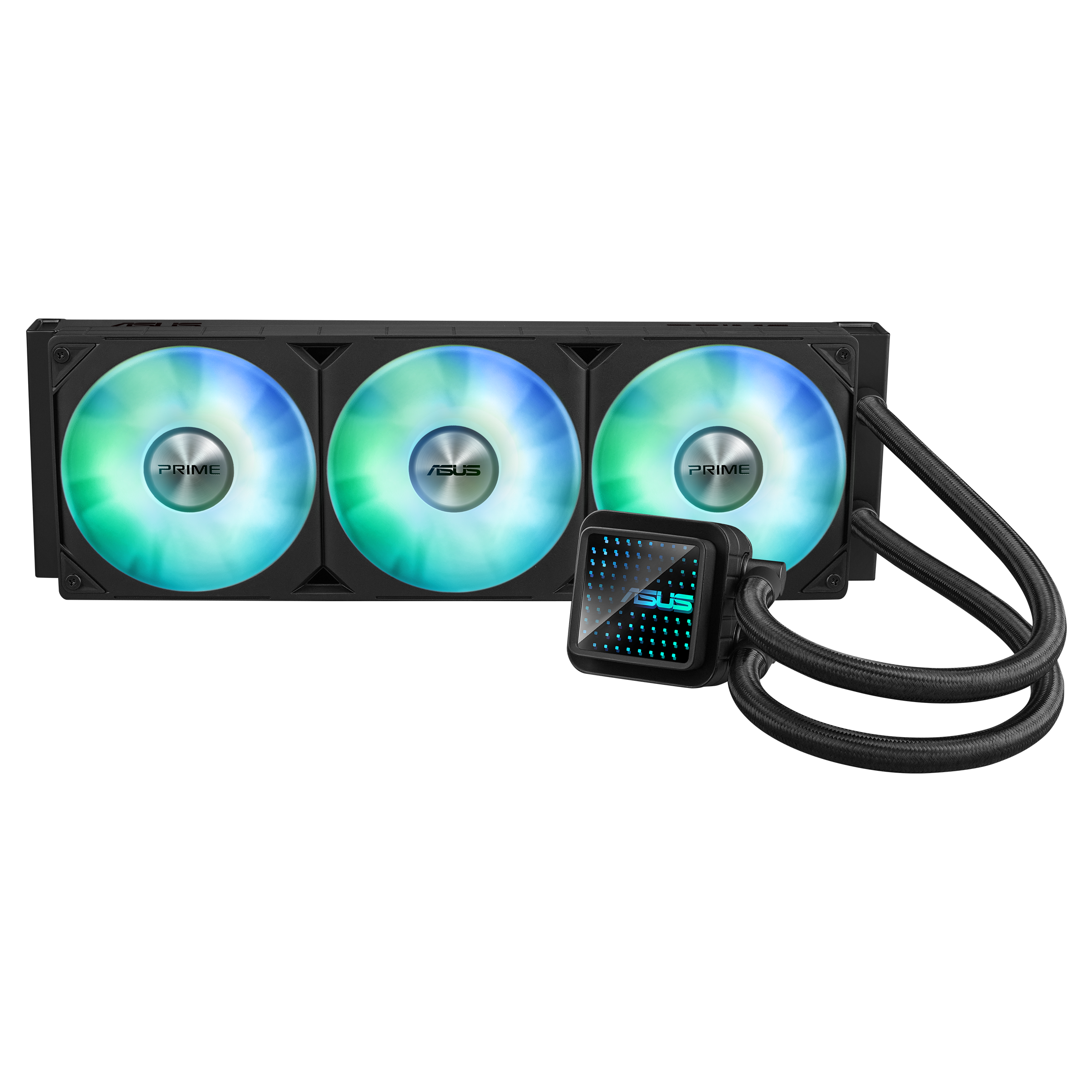 Ein Asus All-in-One-Wasserkühler mit drei RGB-Lüftern und schwarzem Schlauch.