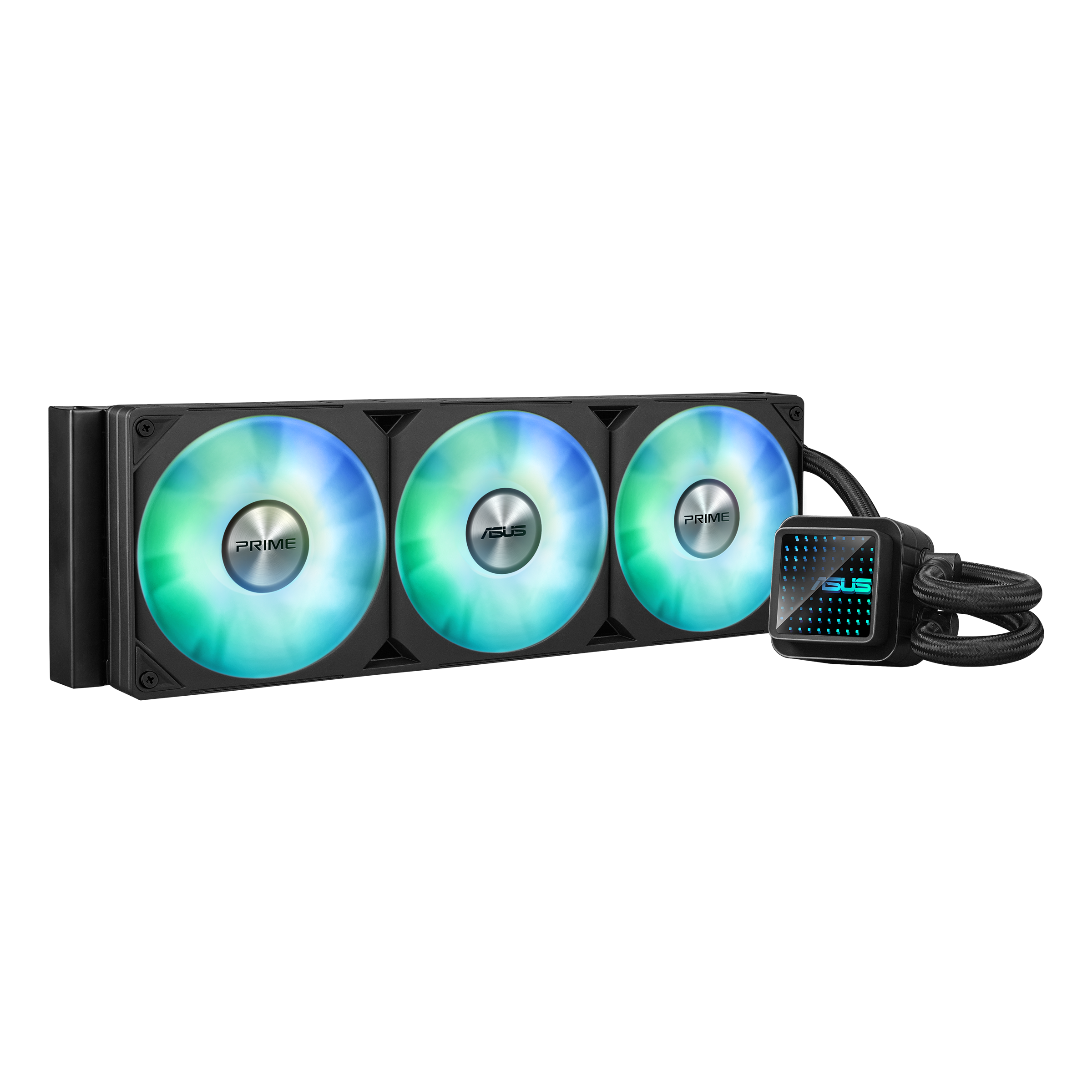 Ein schwarzer Computerlüfter mit drei RGB-Lüftern und einer Pumpe.