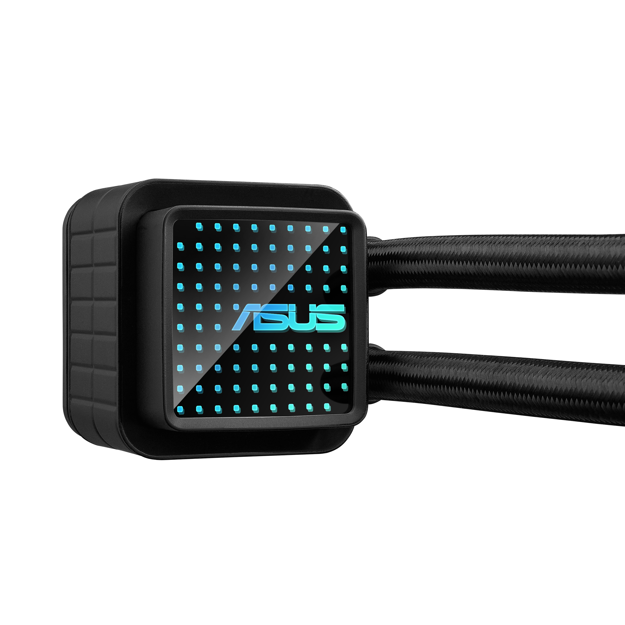 Schwarzer Kühler mit blau leuchtendem ASUS-Logo und Gitternetzmuster.