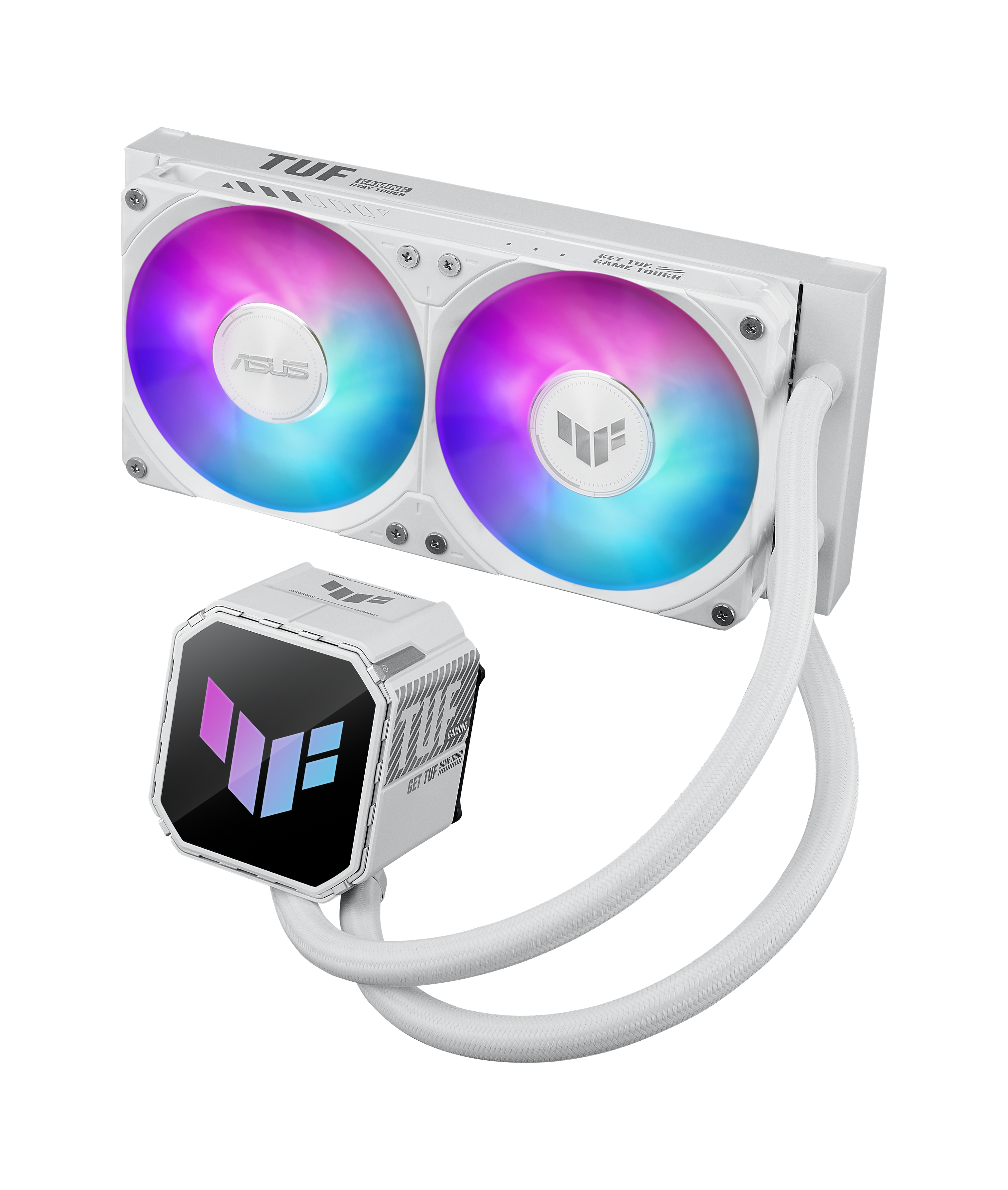 Ein weißer PC-Flüssigkeitskühler mit RGB-Lüftern und einem zentralen Pumpengehäuse.