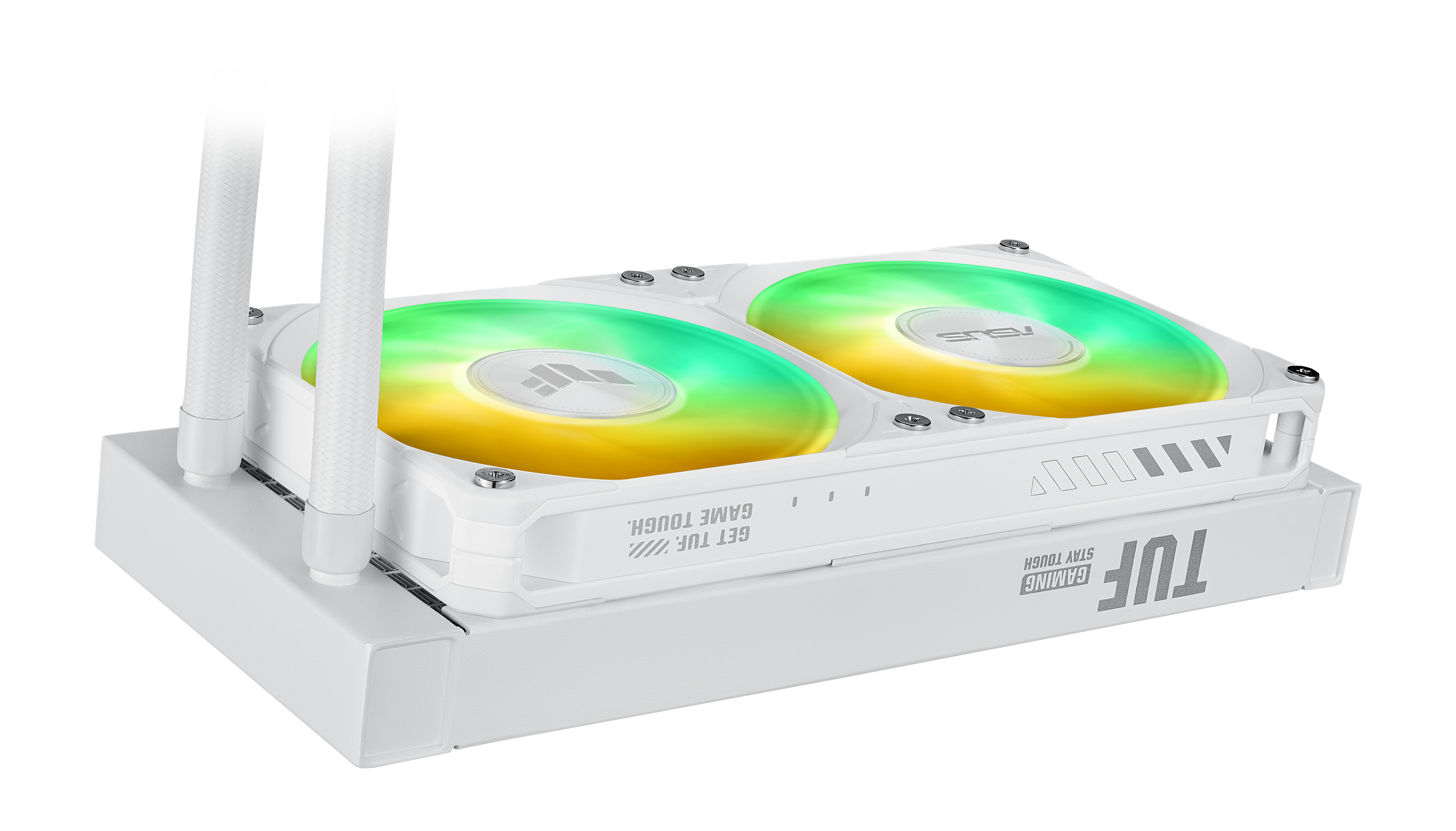 Ein weißer CPU-Kühler mit zwei RGB-Lüftern und weißen Schläuchen.
