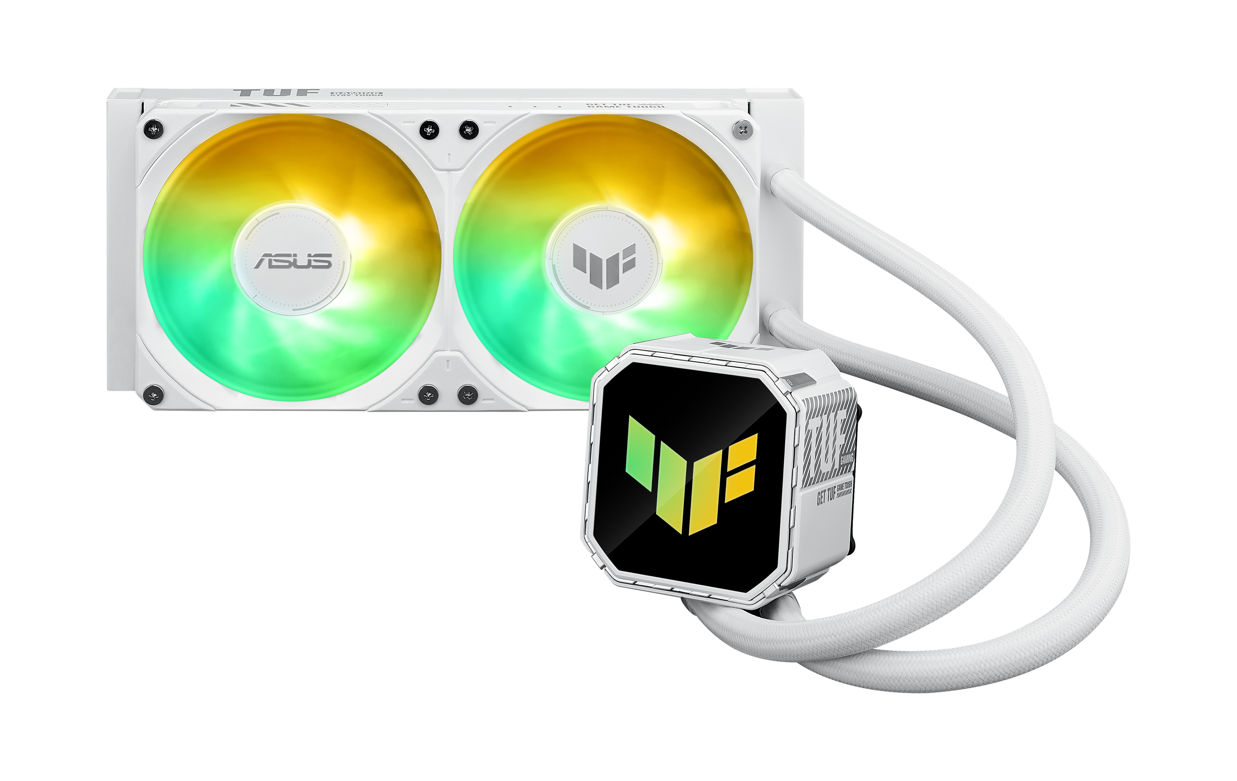 Ein weißer PC-Wasserkühler mit zwei Lüftern und RGB-Beleuchtung.