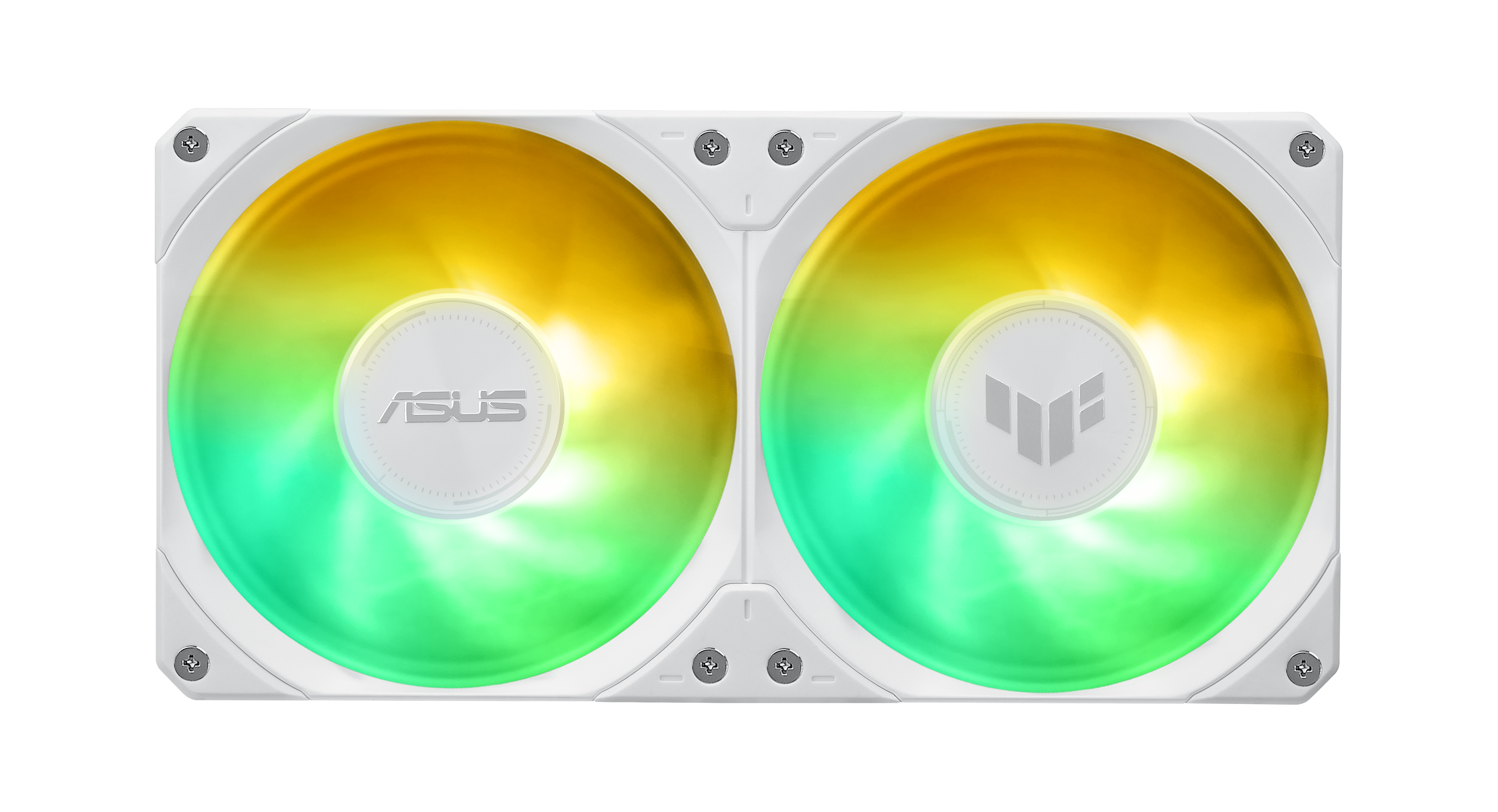 Zwei weiße Lüfter mit gelb-grünen LEDs und ASUS-Logos auf schwarzem Grund.