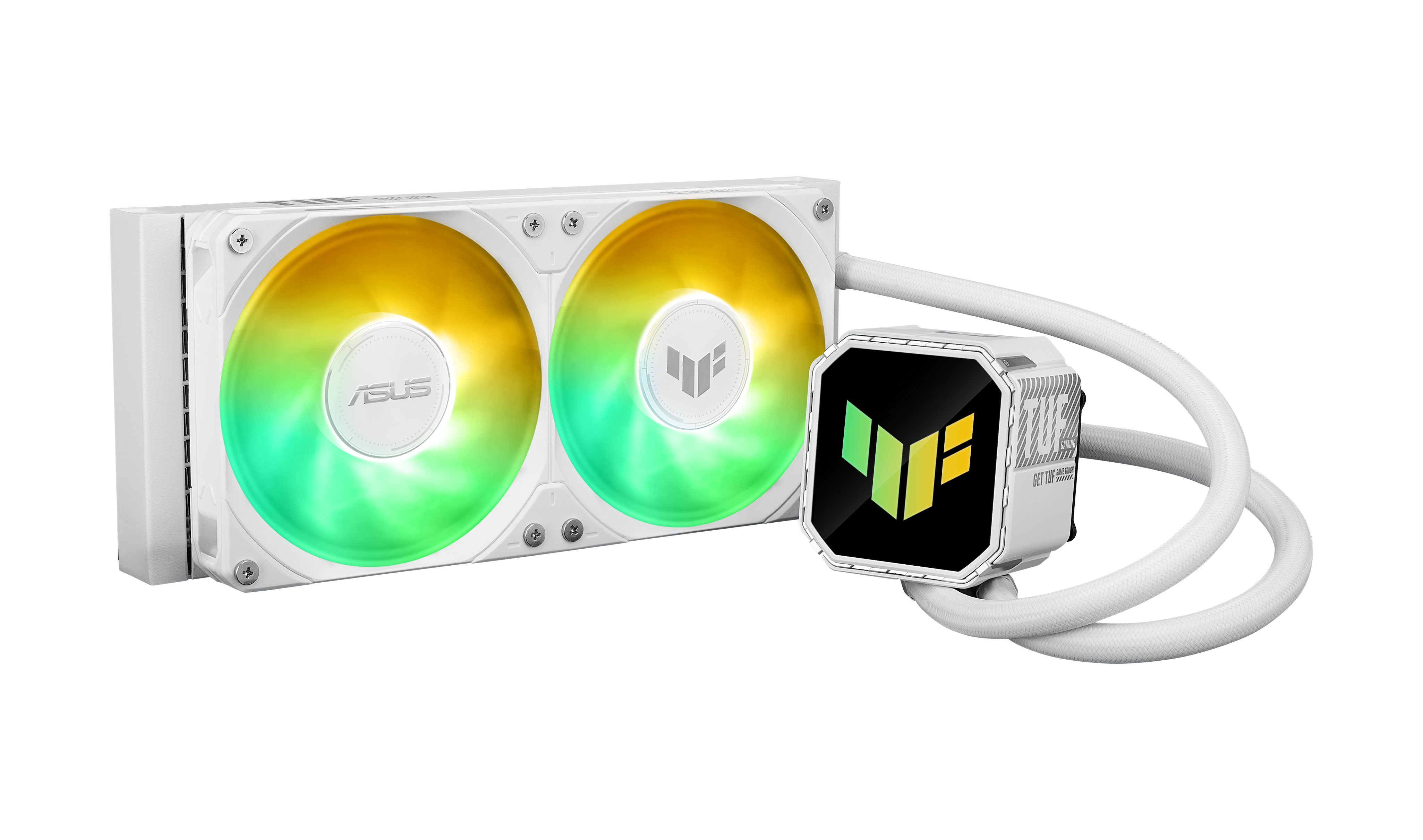 Ein weißer PC-Wasserkühler mit zwei Lüftern und RGB-Beleuchtung.