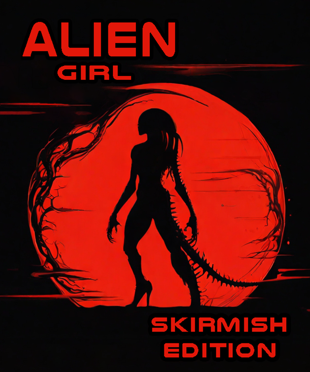 Silhouette einer außerirdischen Frau vor rotem Mond mit Text 'ALIEN GIRL'