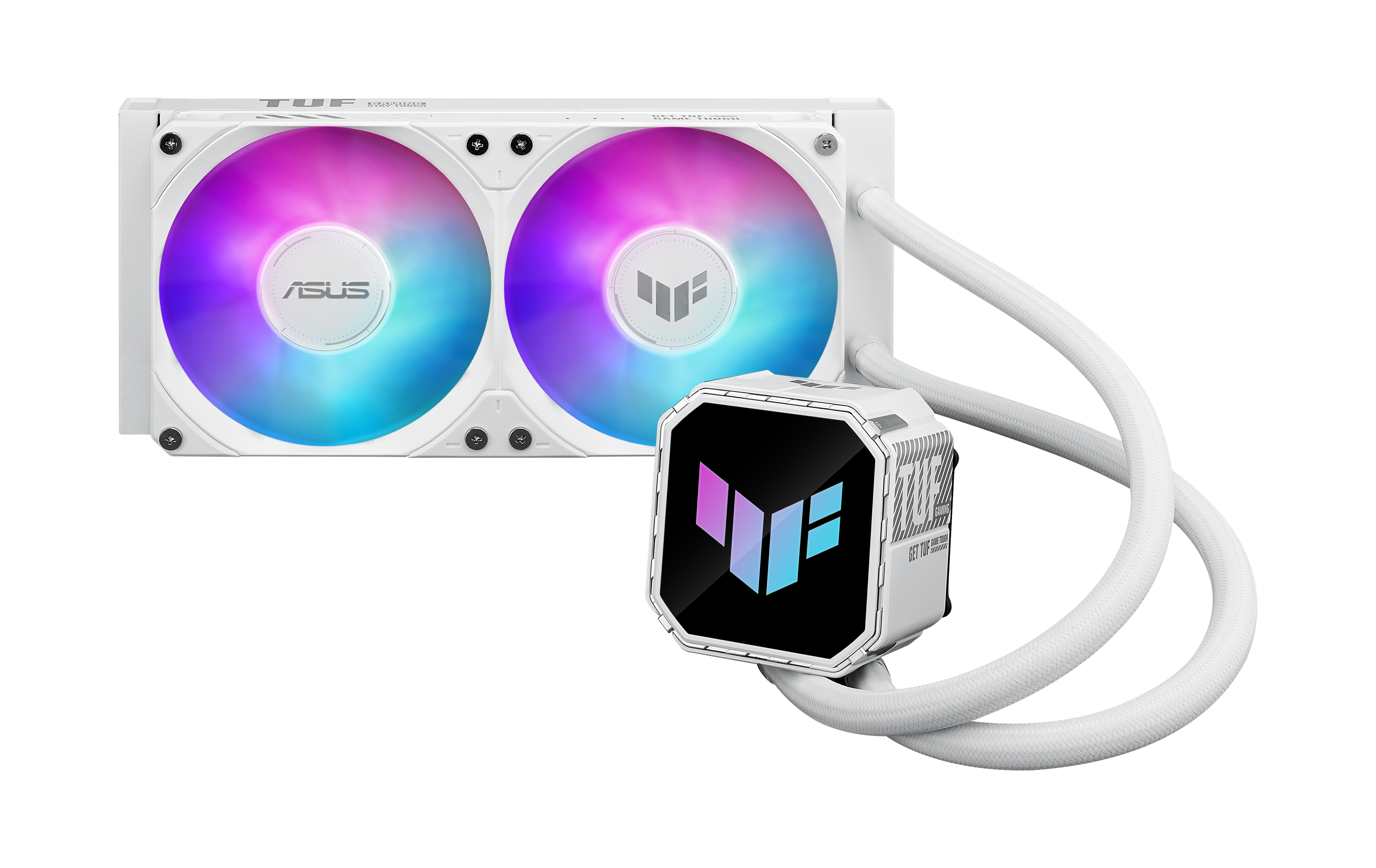 Ein weißer PC-Kühler mit RGB-Lüftern und einem zentralen Gehäuse.