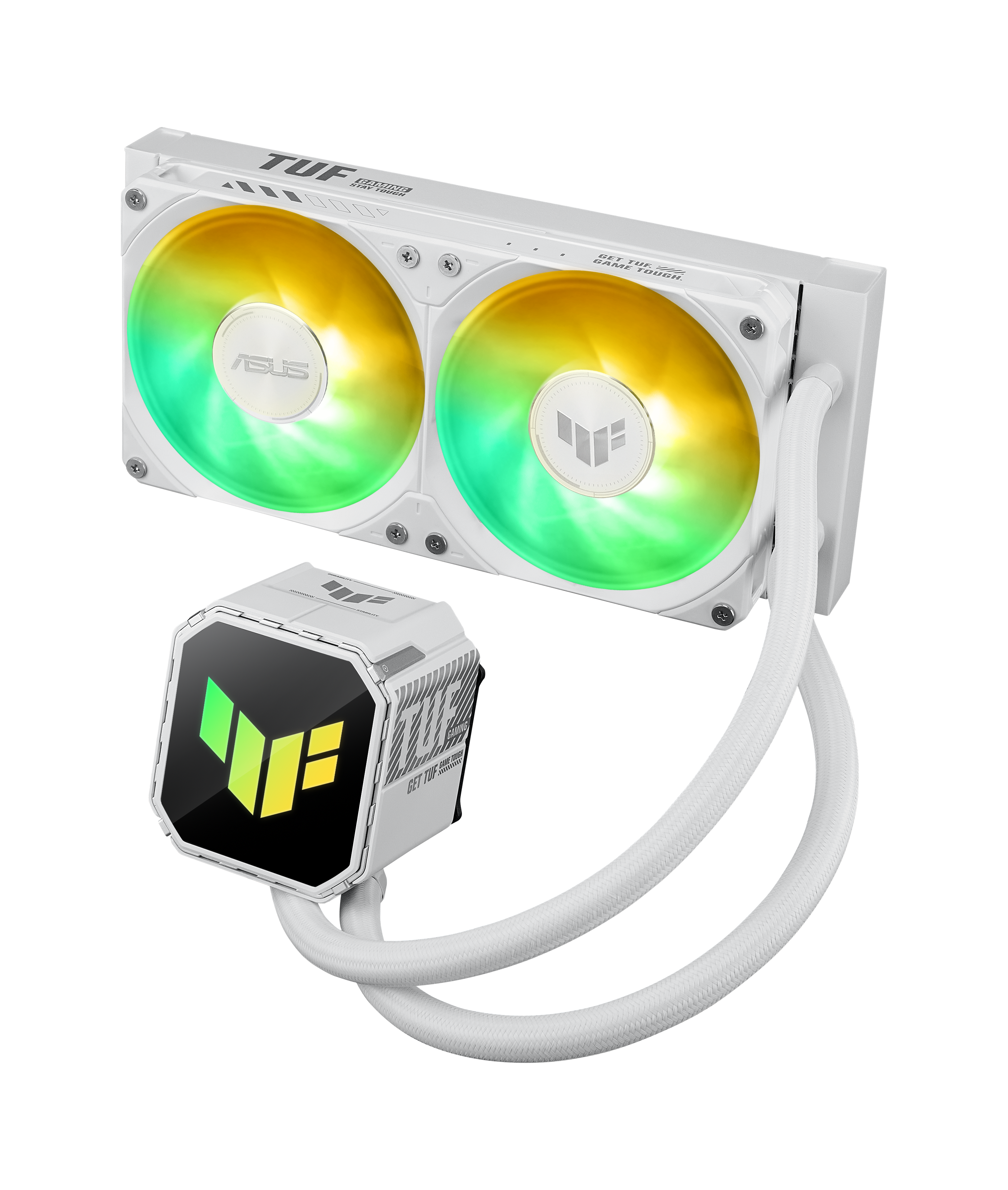 Weiße CPU-Kühlung mit zwei RGB-Lüftern und einem quadratischen Pumpenkopf.