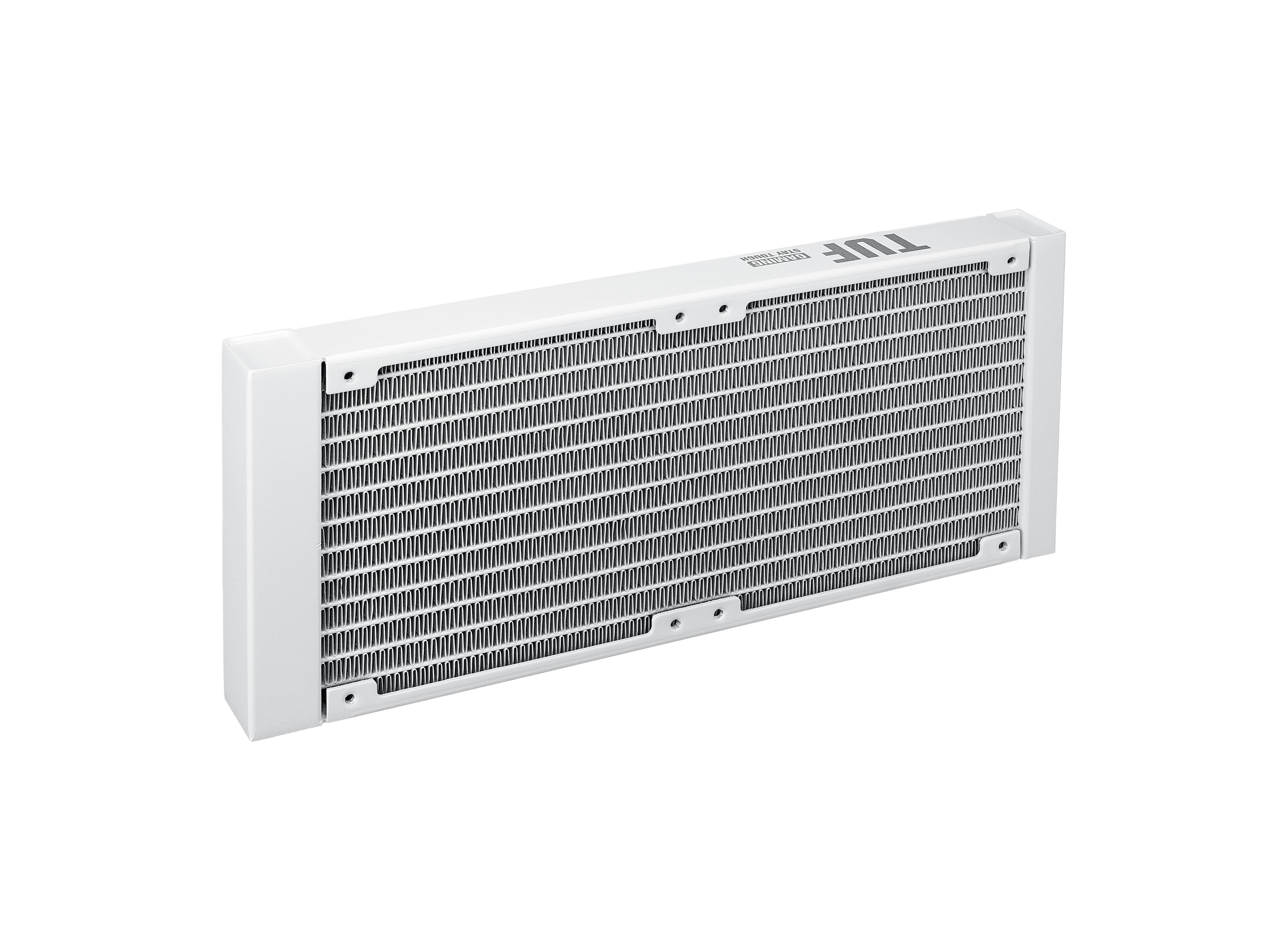 Ein weißer PC-Radiator mit feinen Lamellen und schwarzem Aufdruck.