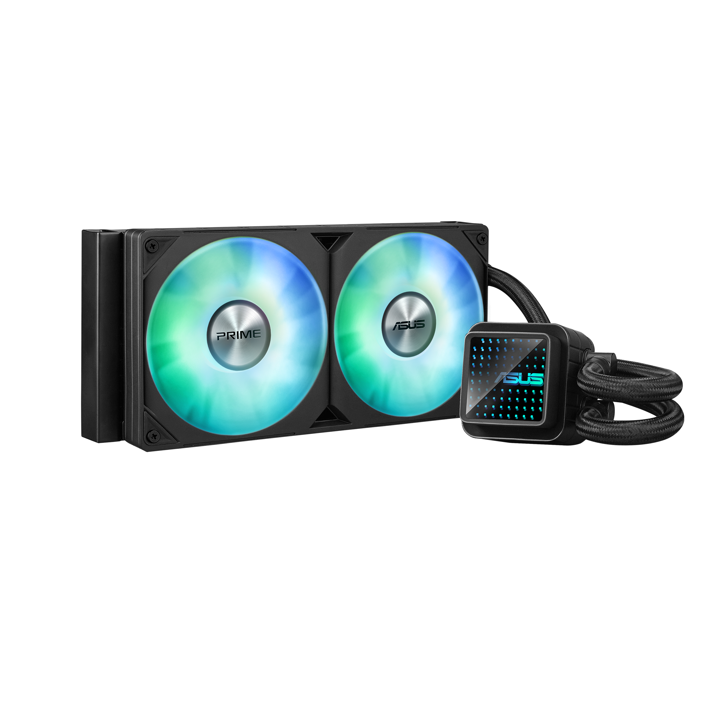 Zwei RGB-Lüfter mit Radiator und eine rechteckige Pumpe mit ASUS-Logo.
