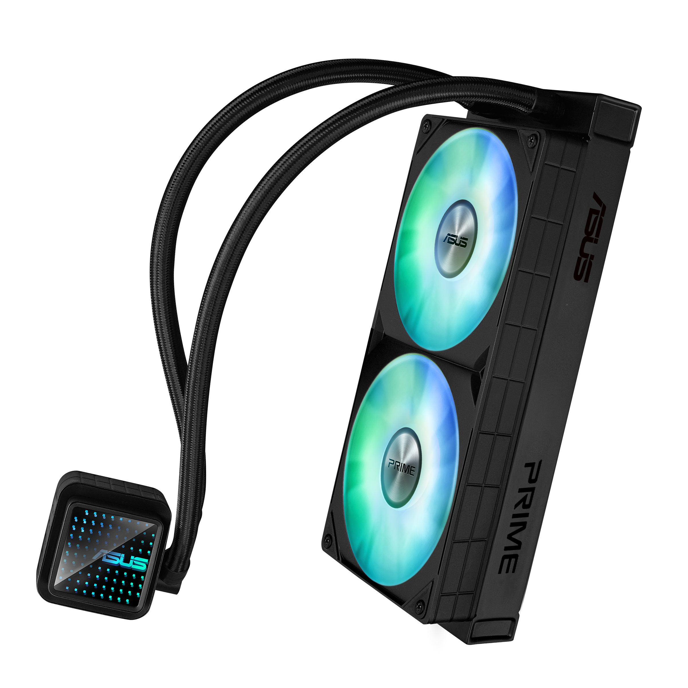 Ein schwarzer ASUS CPU-Kühler mit zwei RGB-Lüftern und Schläuchen.