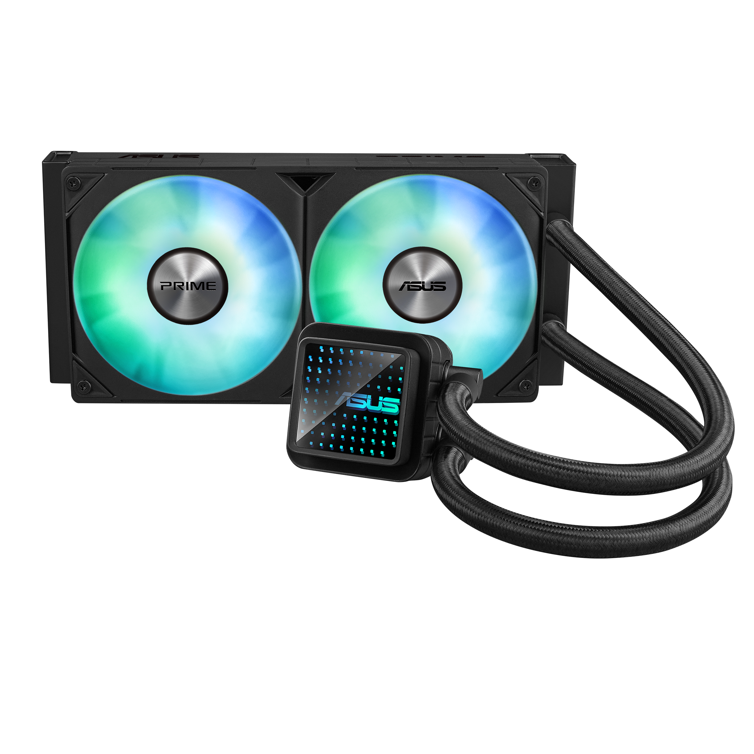 Ein schwarzer Computerlüfter mit zwei Lüftern und RGB-Beleuchtung.