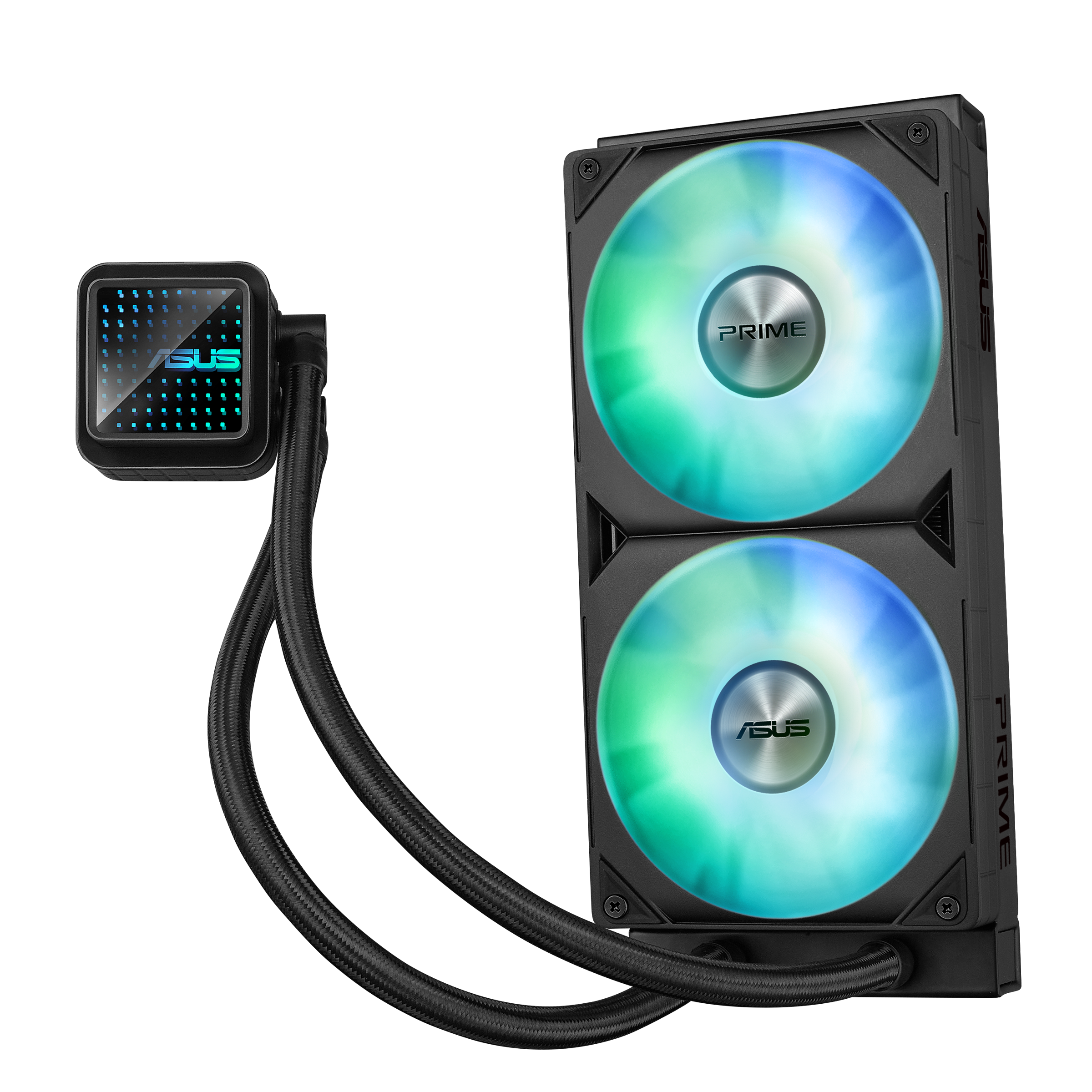 Ein schwarzer Computerlüfter mit RGB-Beleuchtung, verbunden mit einem quadratischen Kopf.