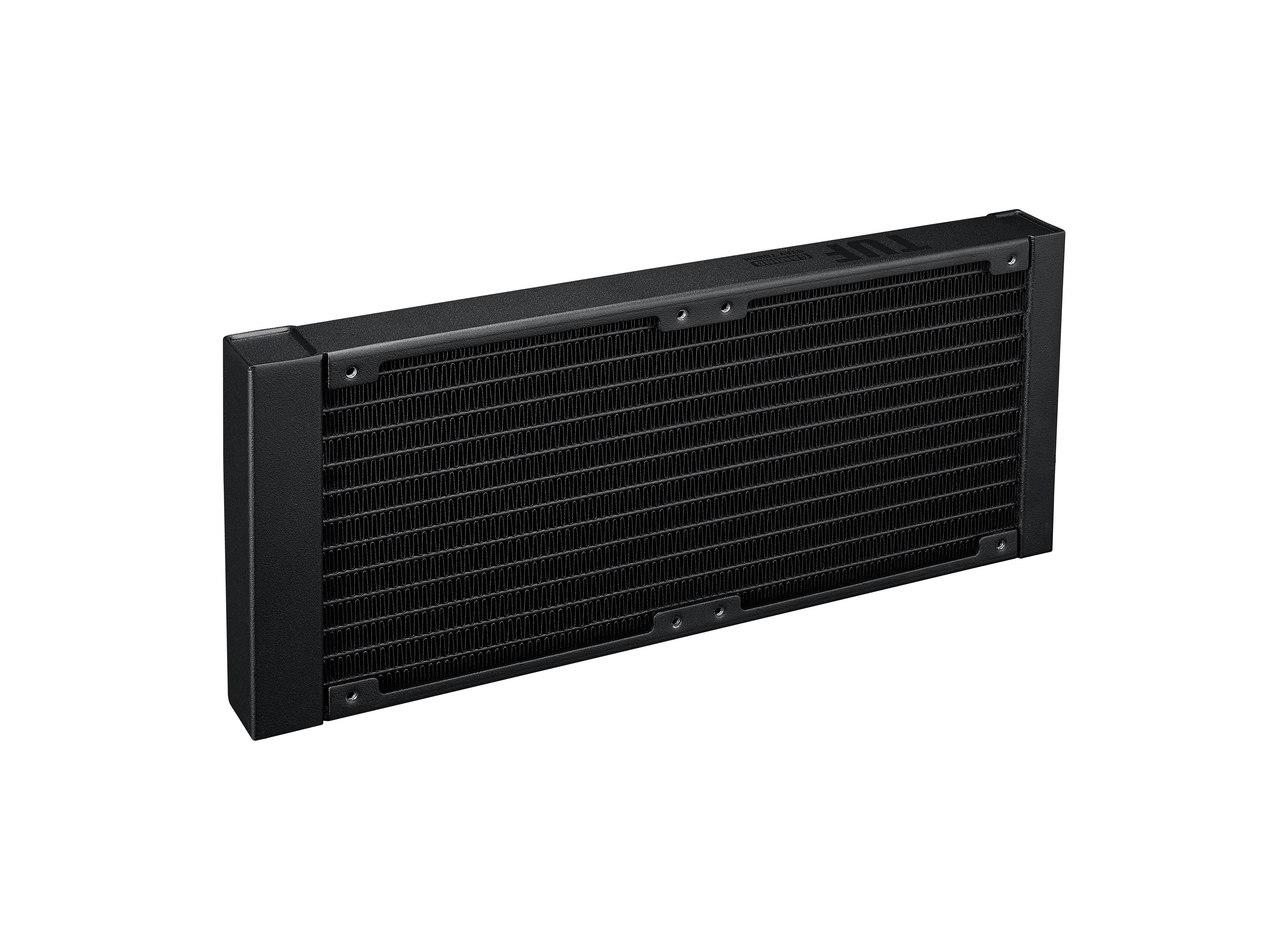 Schwarzer CPU-Kühler-Radiator mit feinen Lamellen und Schrauben.