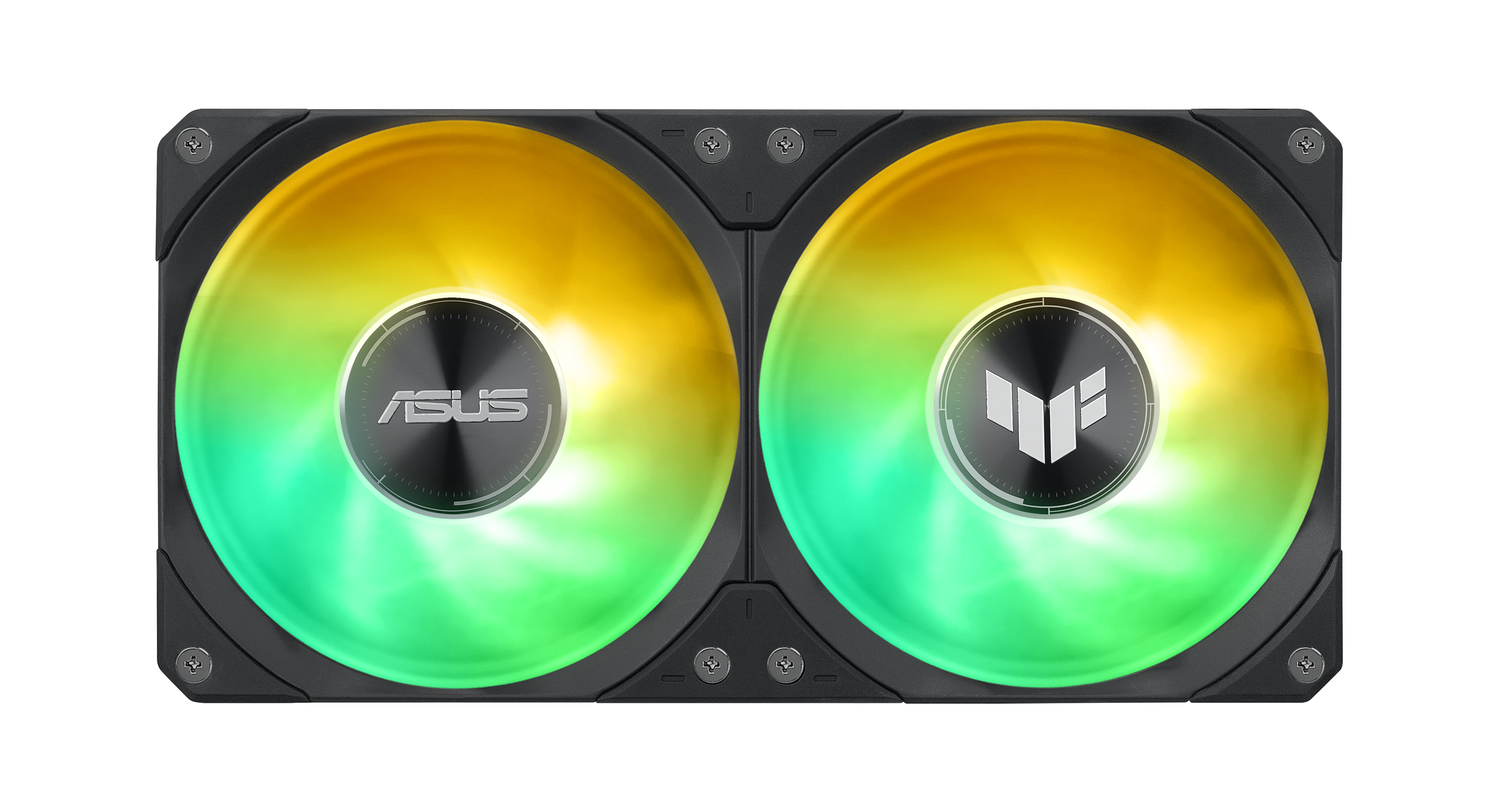 Zwei Lüfter mit RGB-Beleuchtung, die von Gelb zu Grün übergehen, auf schwarzem Hintergrund.