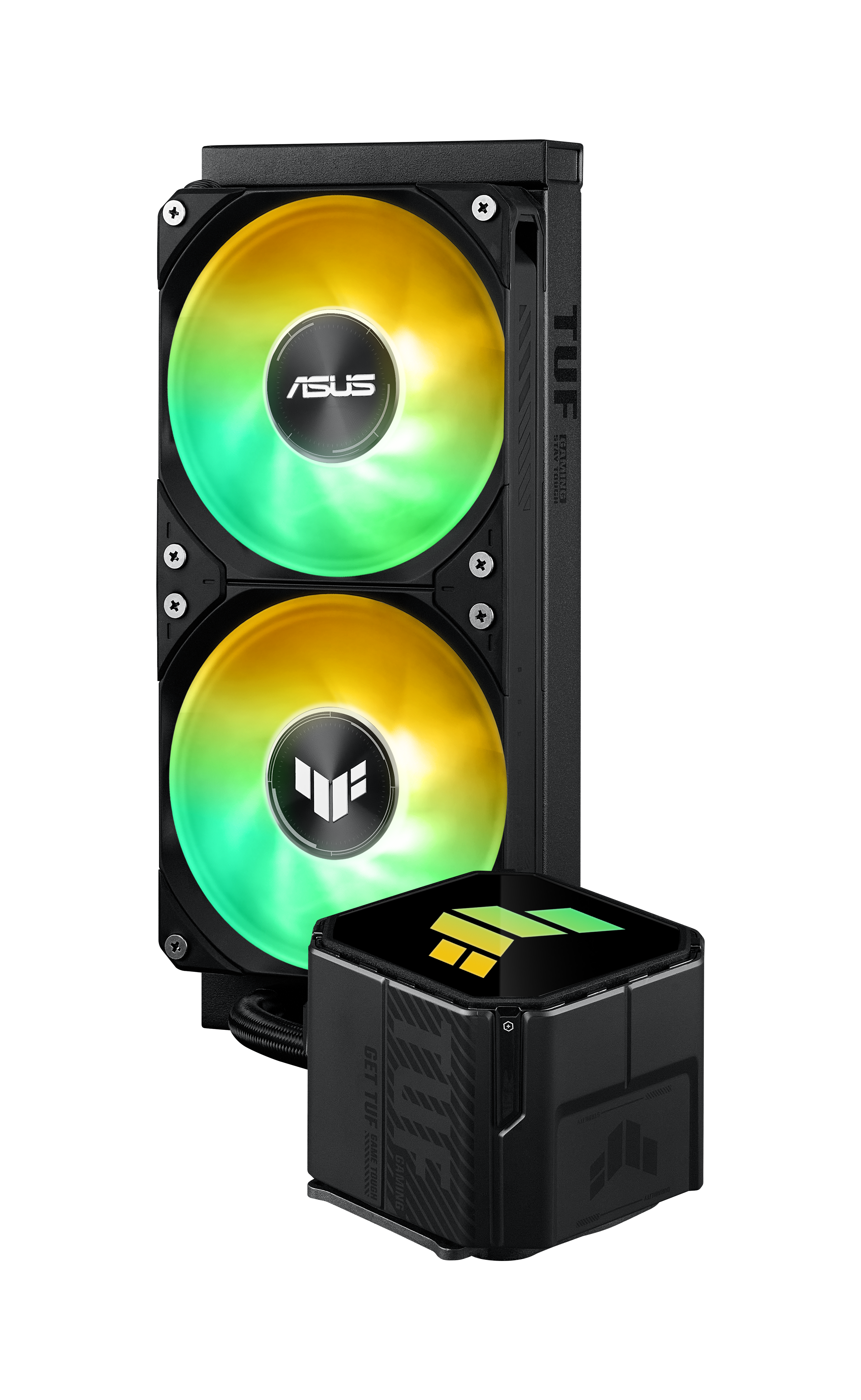 Ein schwarzer Computerlüfter mit RGB-Beleuchtung in Gelb- und Grüntönen.