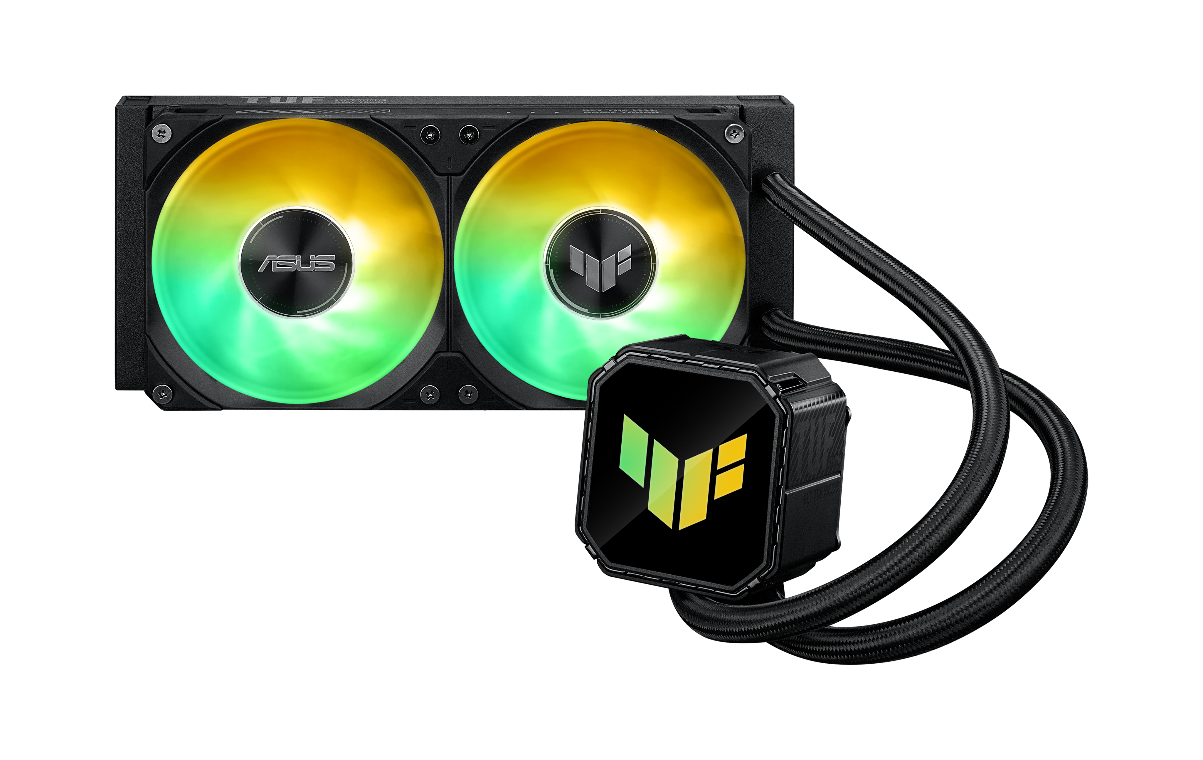 Ein schwarzer CPU-Kühler mit zwei Lüftern und RGB-Beleuchtung in Gelb und Grün.