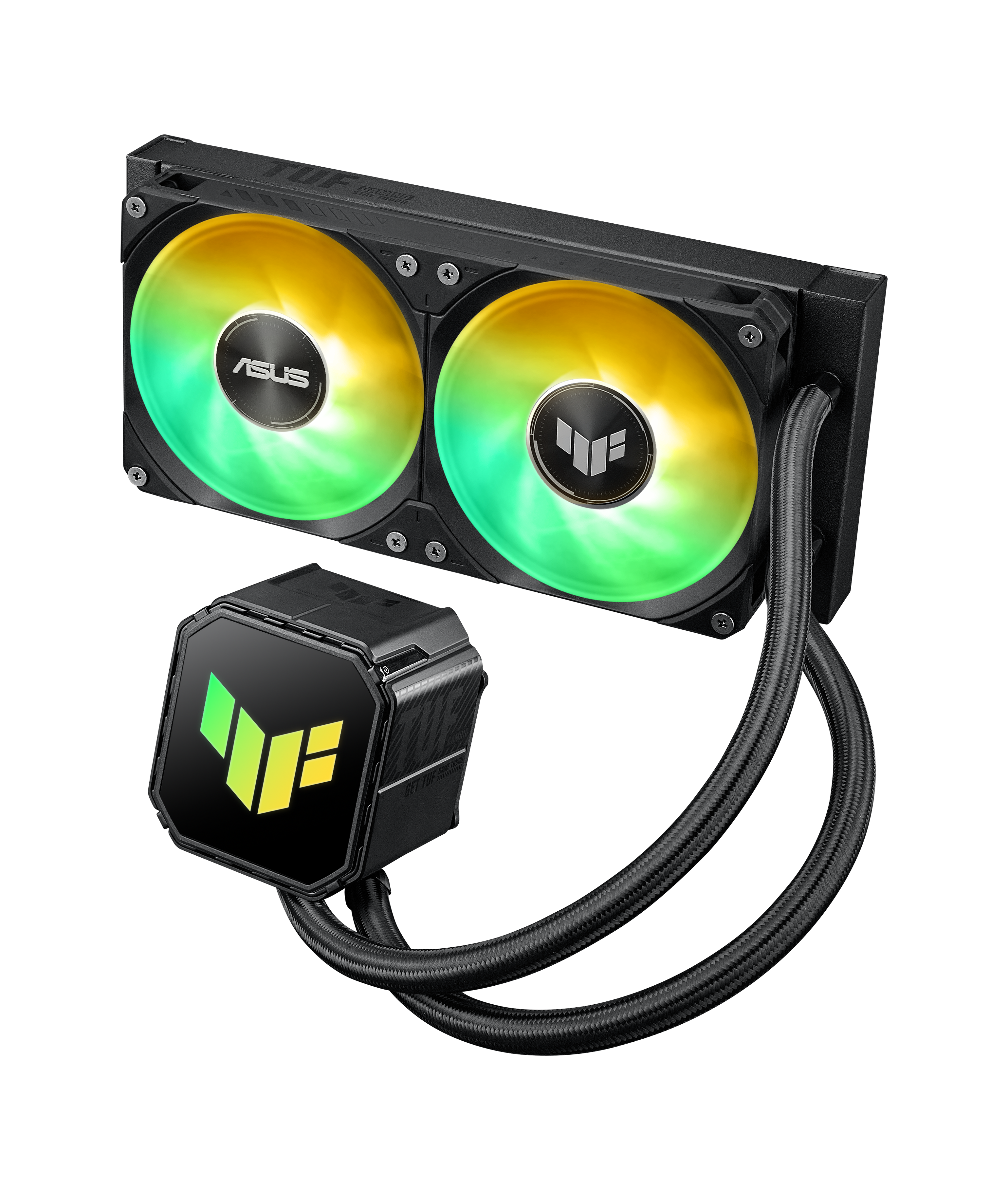 Ein Computerlüfter mit RGB-Beleuchtung und schwarzen Schläuchen auf schwarzem Hintergrund.