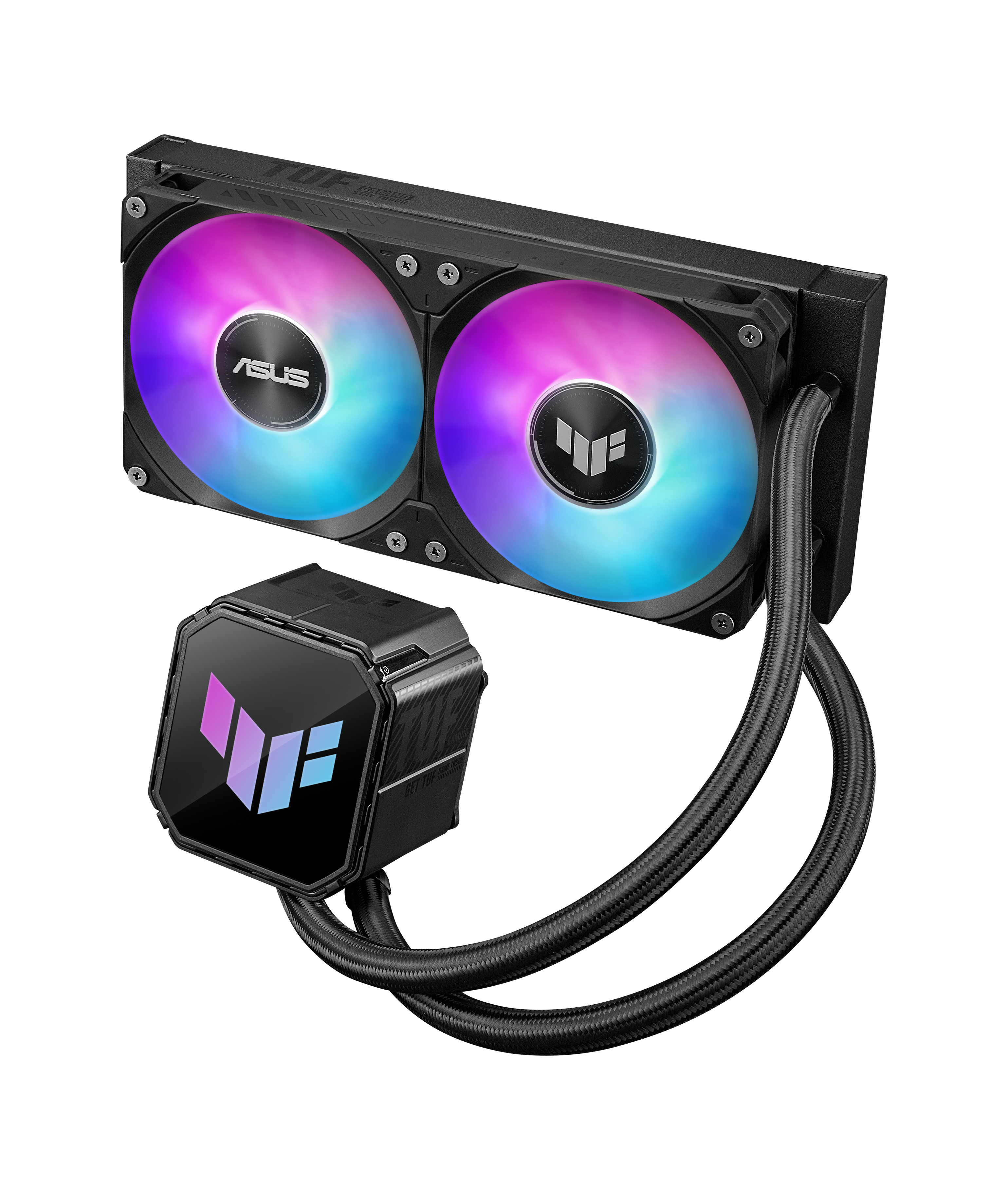 Ein schwarzer CPU-Kühler mit zwei beleuchteten Lüftern und einem Logo.