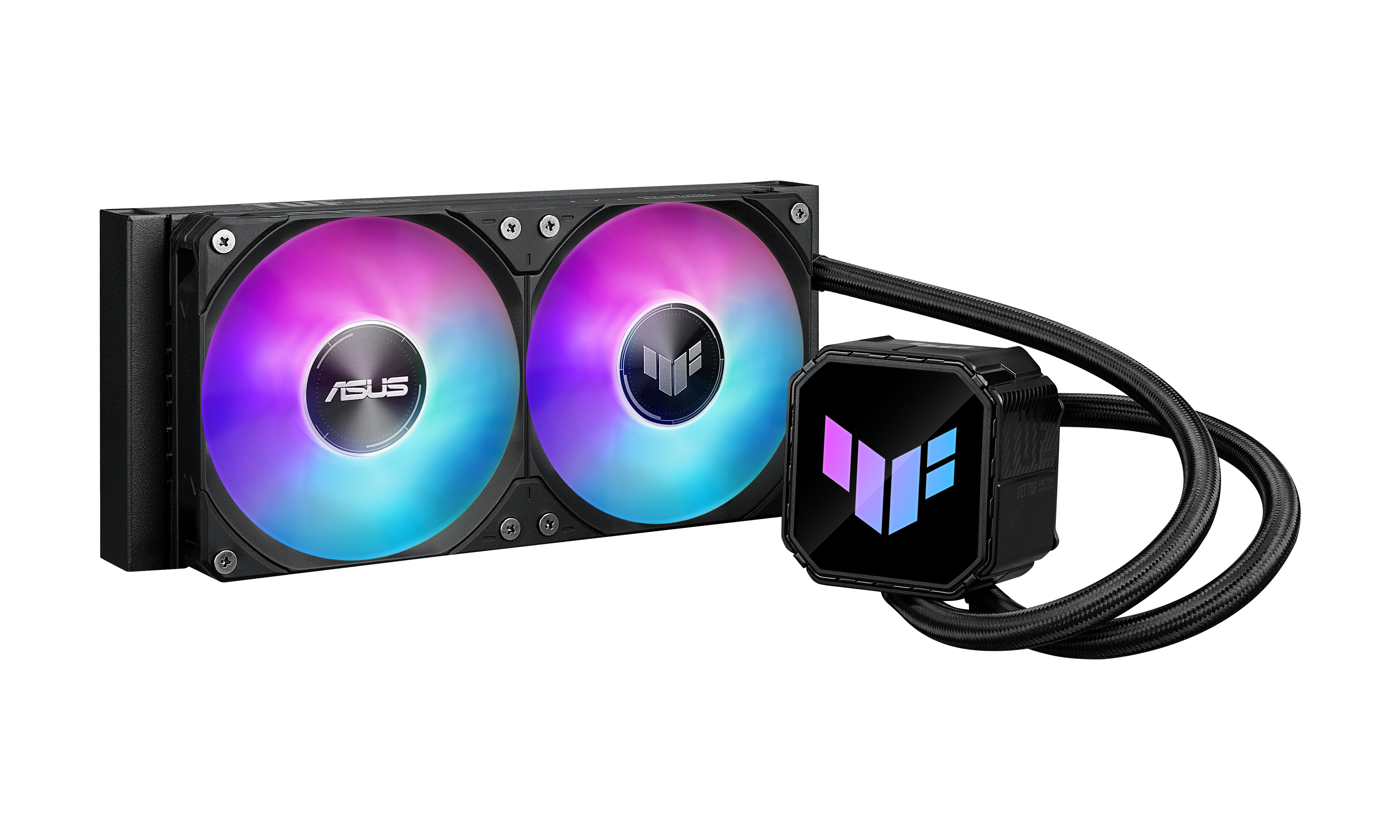 Ein ASUS CPU-Kühler mit zwei Lüftern und RGB-Beleuchtung auf schwarzem Hintergrund.