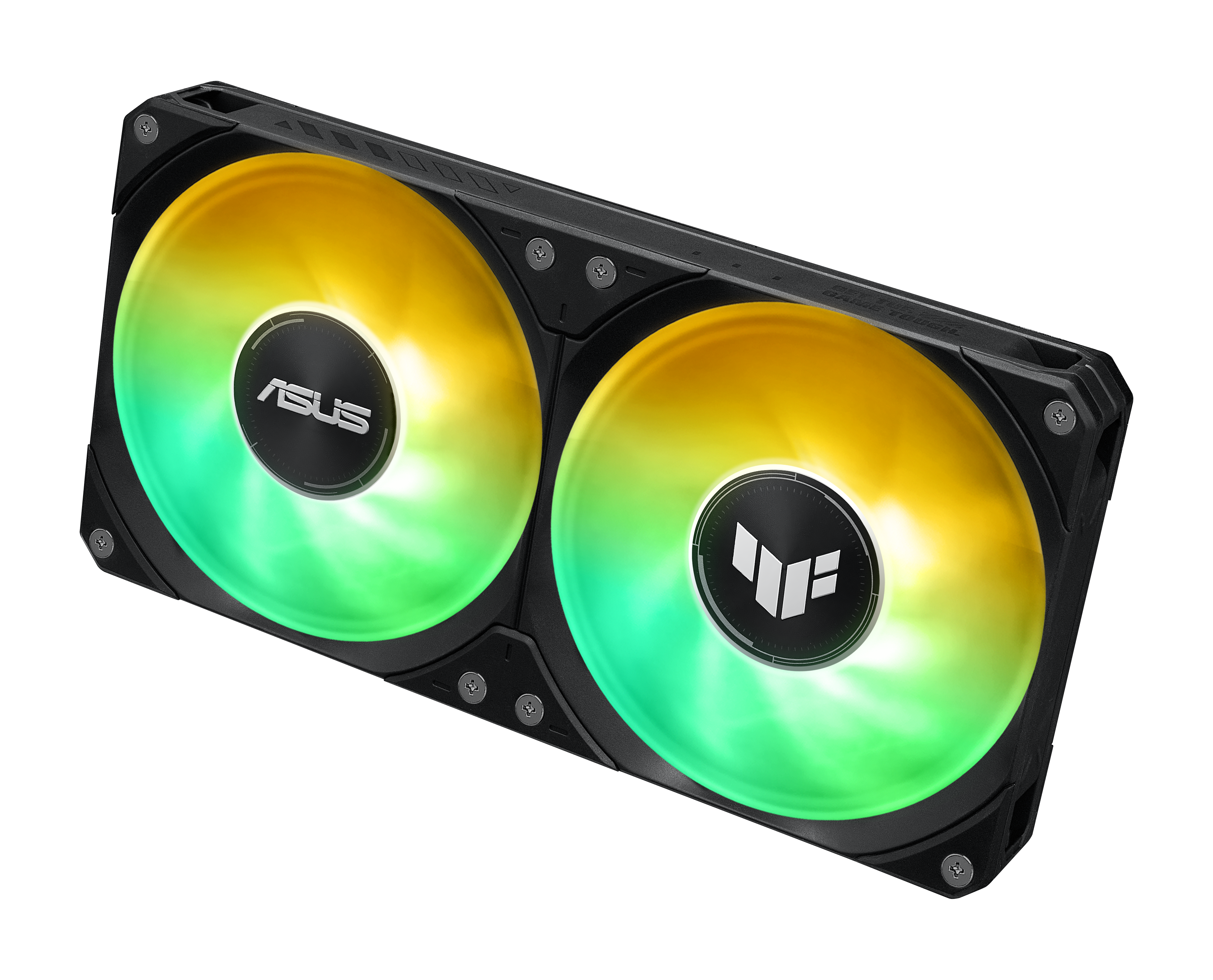 Ein schwarzer Lüfter mit zwei Lüfterblättern und RGB-Beleuchtung in Grün und Gelb.
